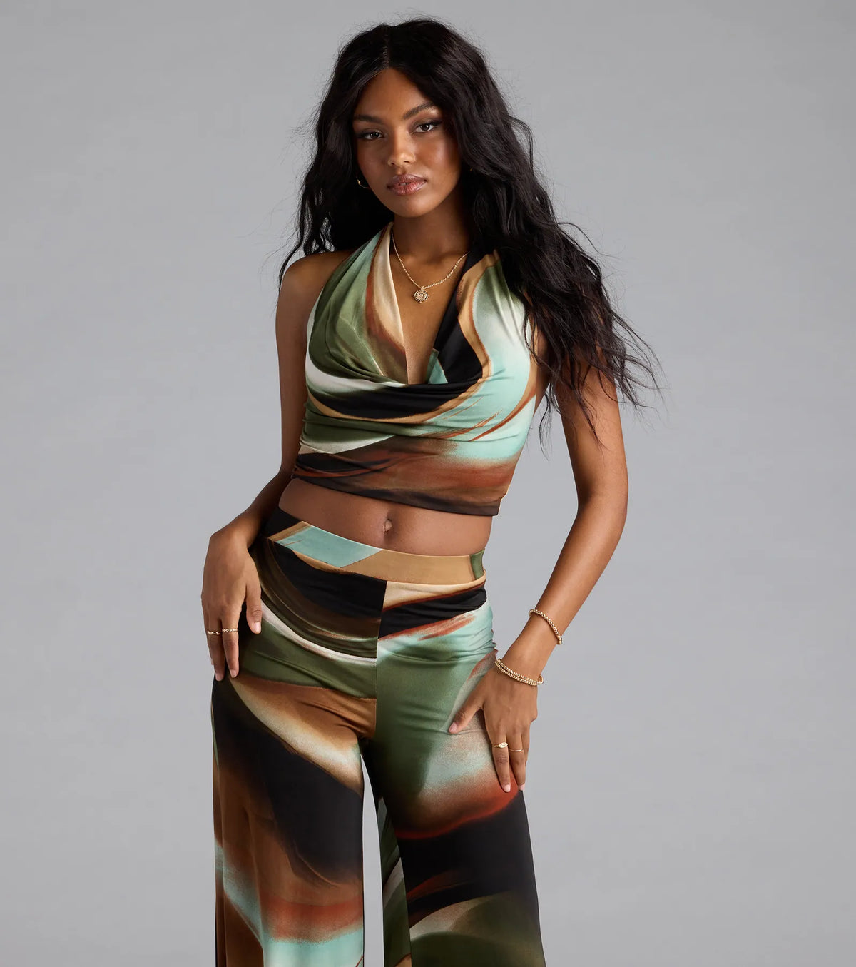 Sultry Effect Abstract Cowl Halter Crop Top