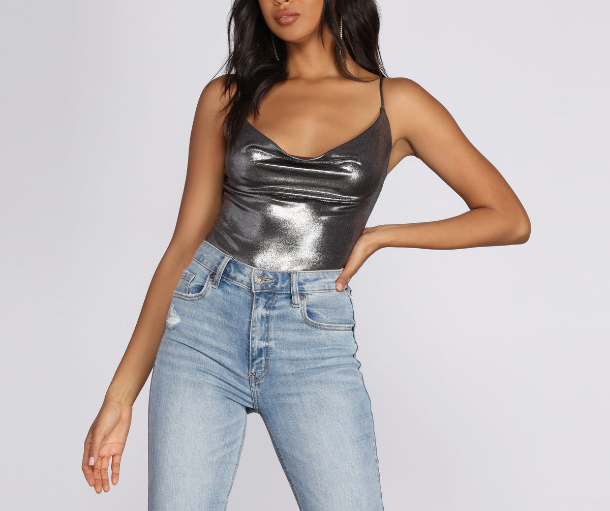 Metallic Cowl Spaghetti Strap Top