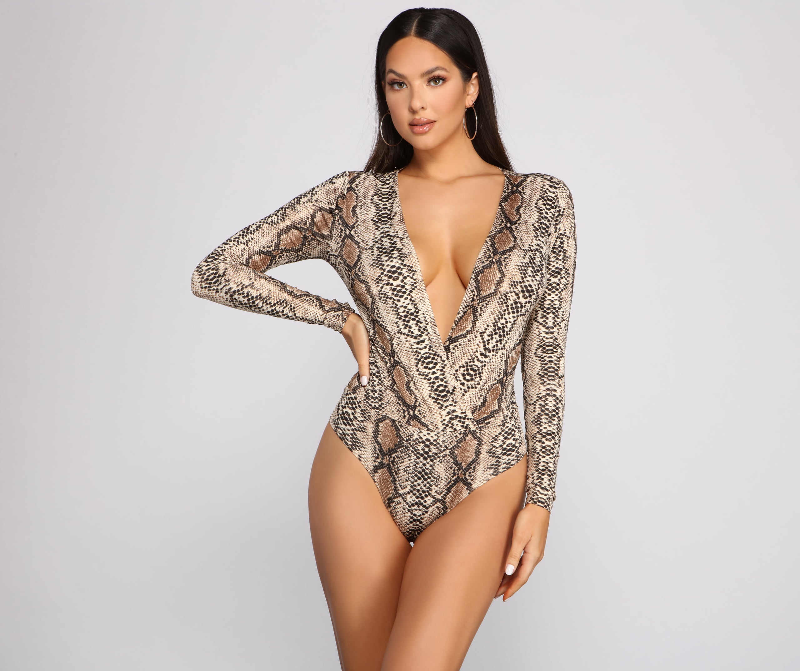 Sleek and Stylish Snake Print Surplice Bodysuit