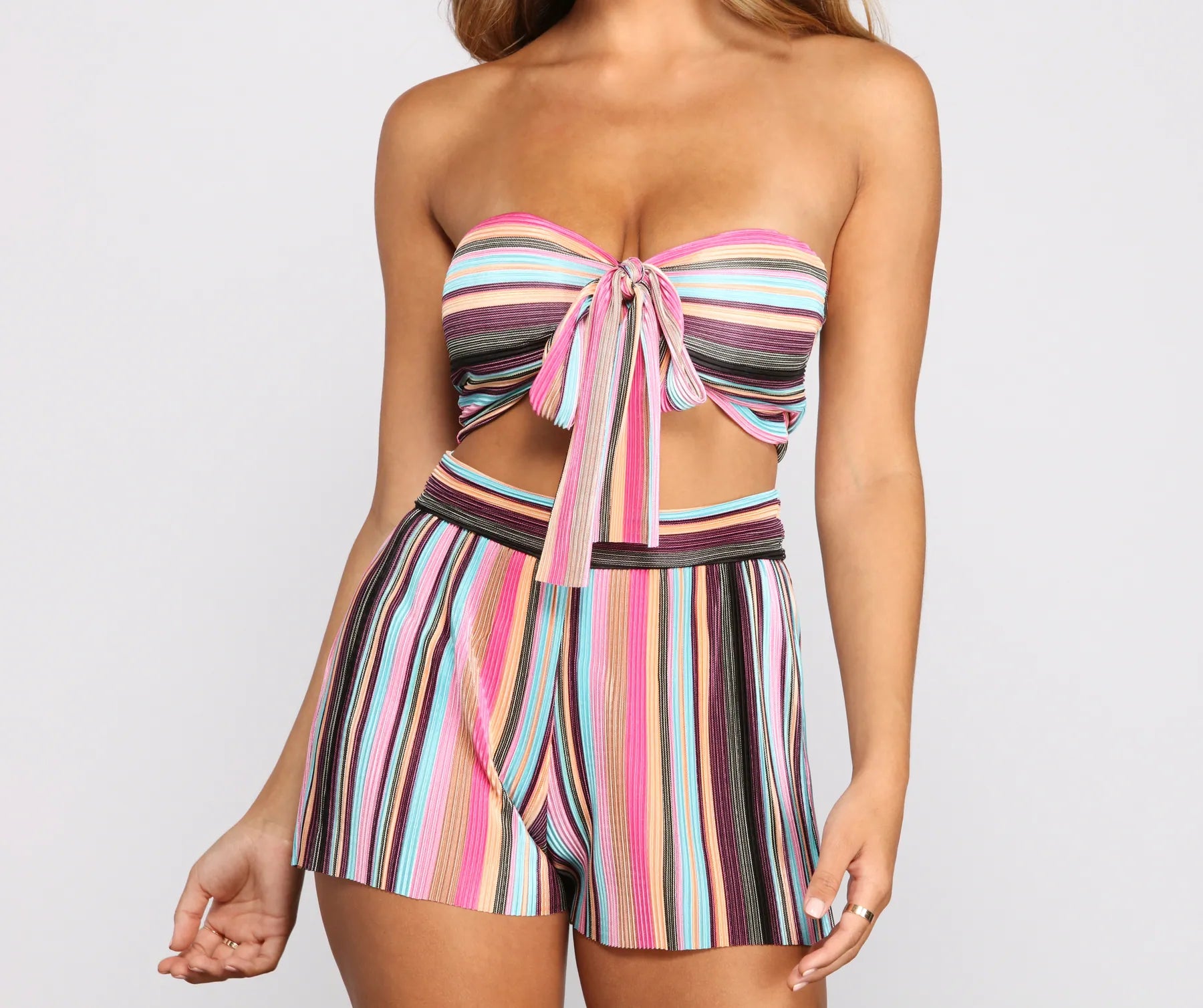 Trendy Pleated And Striped Tube Top