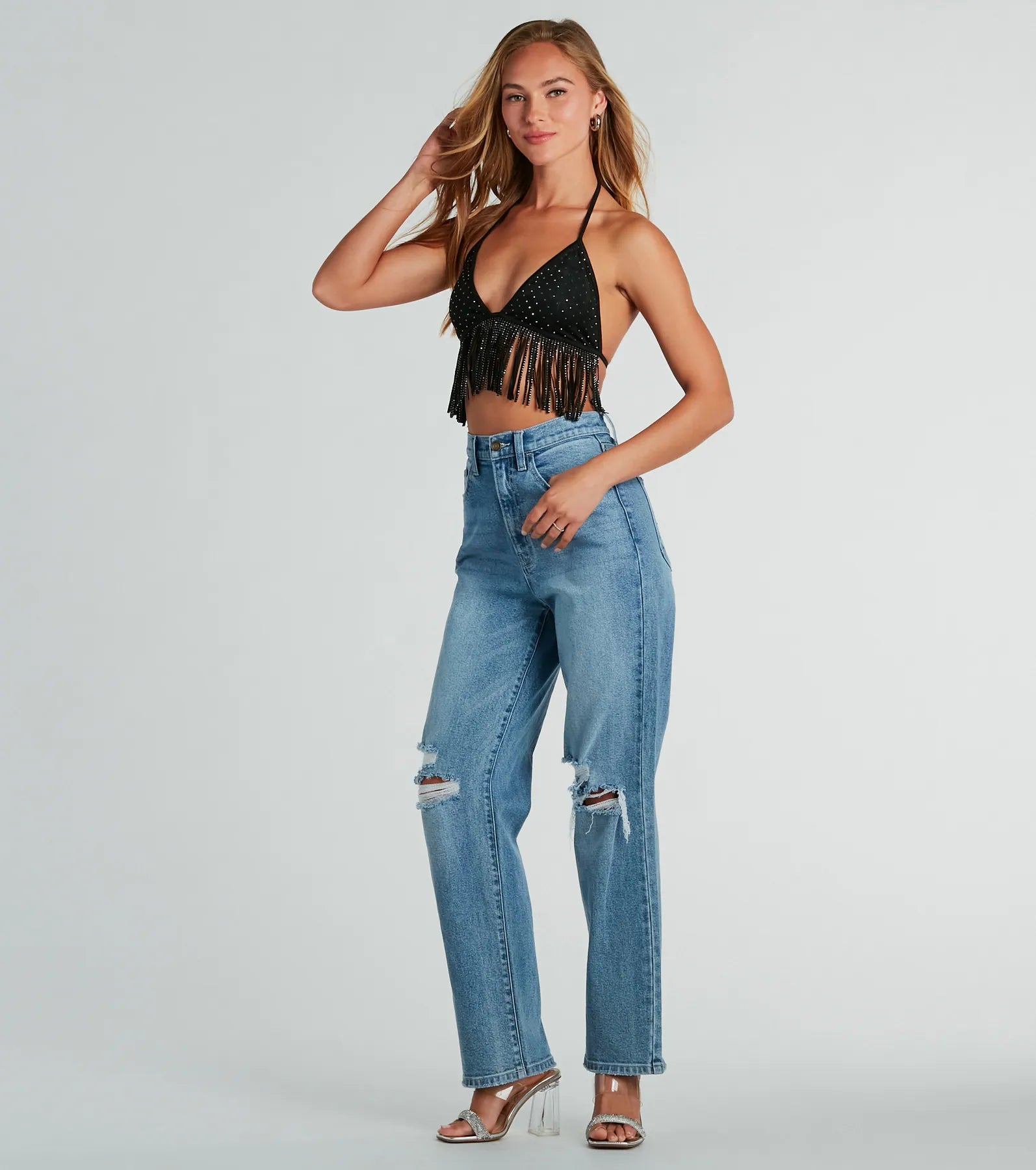 Rodeo Babe Rhinestone Fringe Halter Top