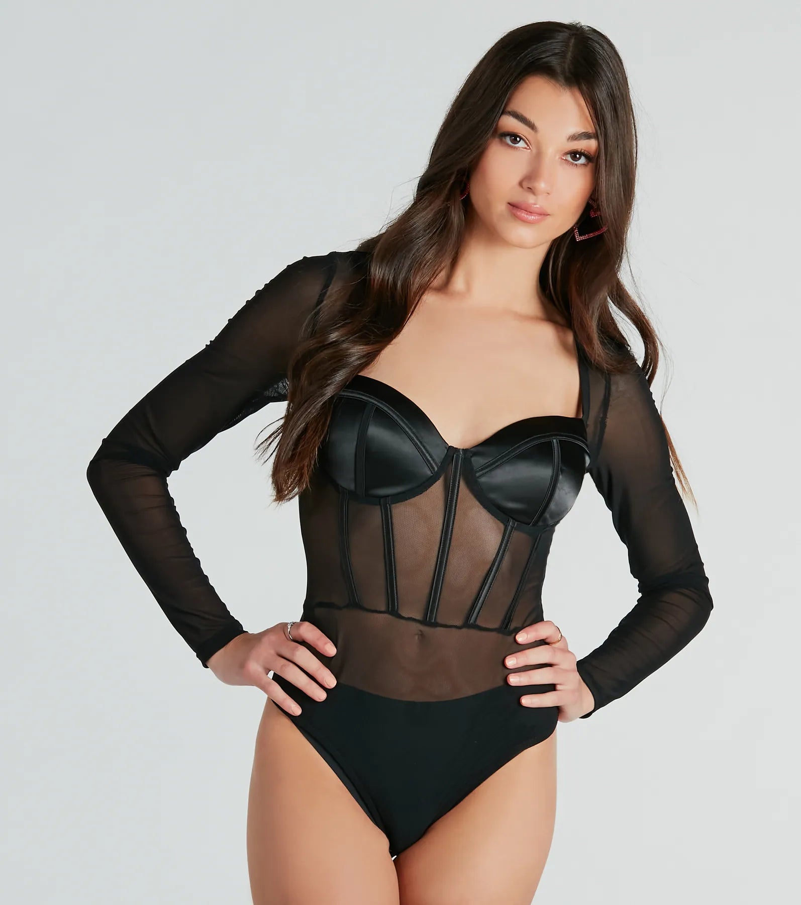 Oh-So-Sultry Sheer Mesh And Satin Bustier Bodysuit