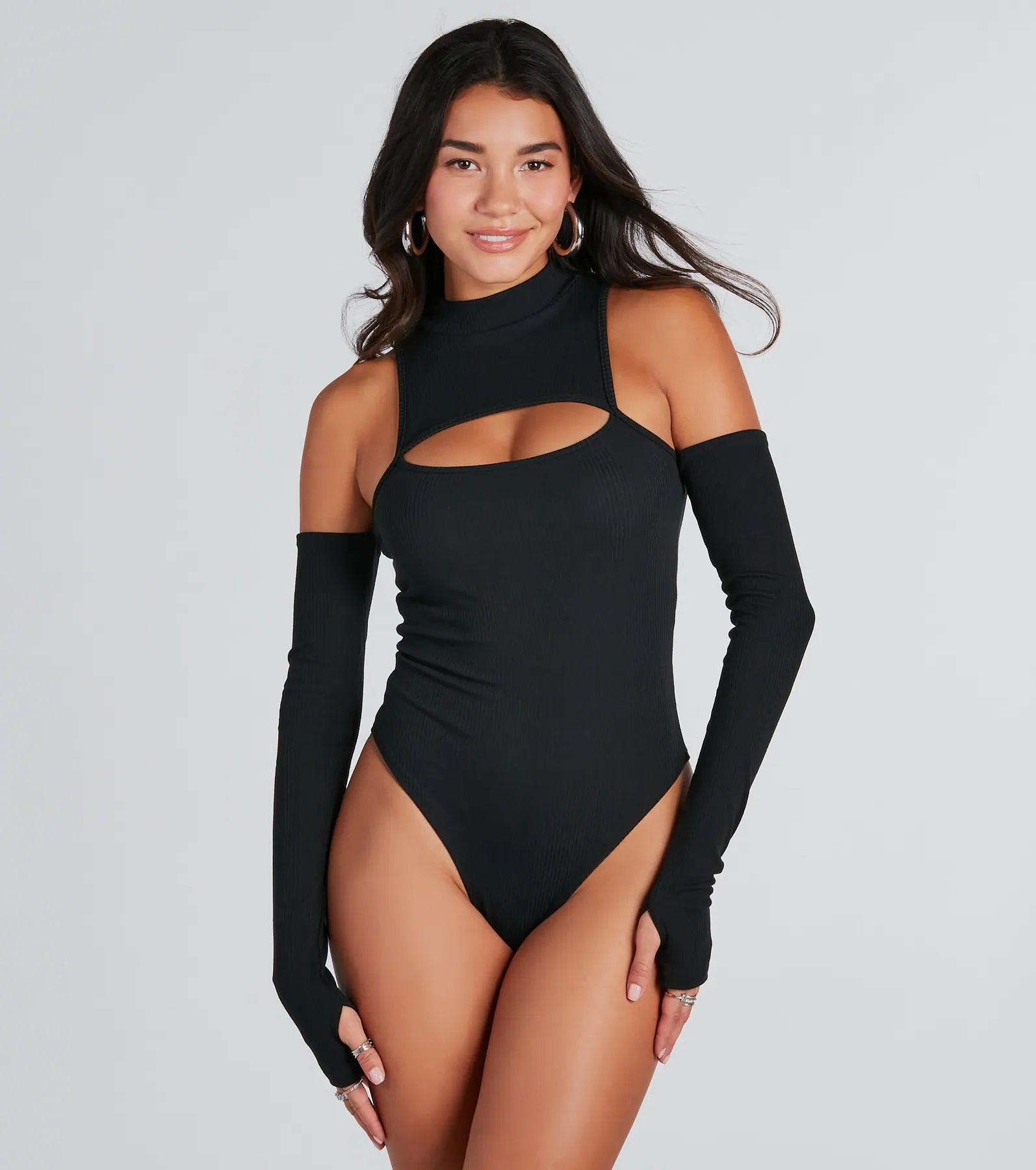 Catch Glances Mock Neck Cold-Shoulder Bodysuit