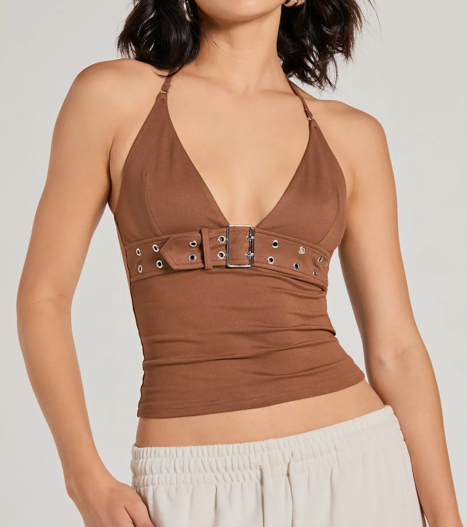 Buckle Down Halter V-Neck Crop Top