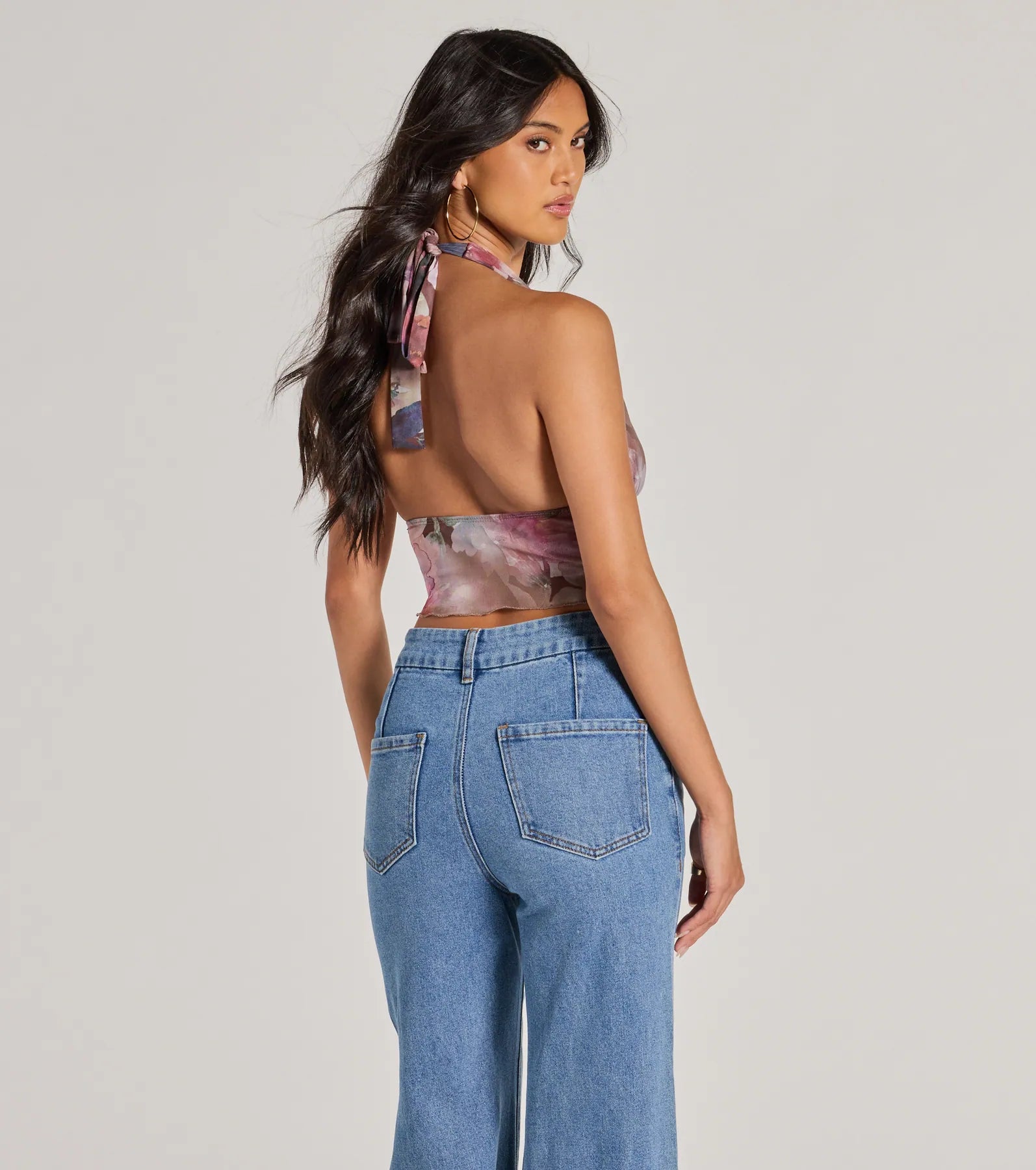 Sultry Impact Halter Abstract Floral Crop Top