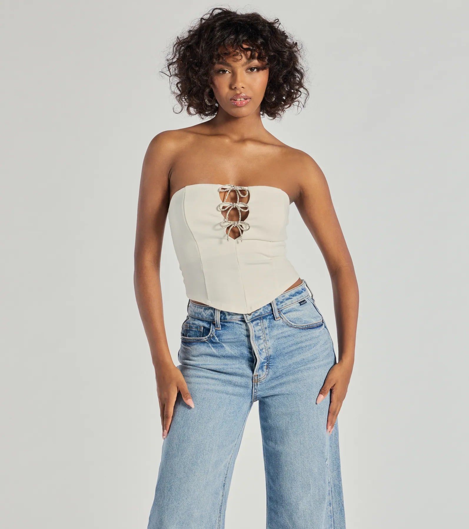 Adorable Glam Rhinestone Bow Cutout Corset Top