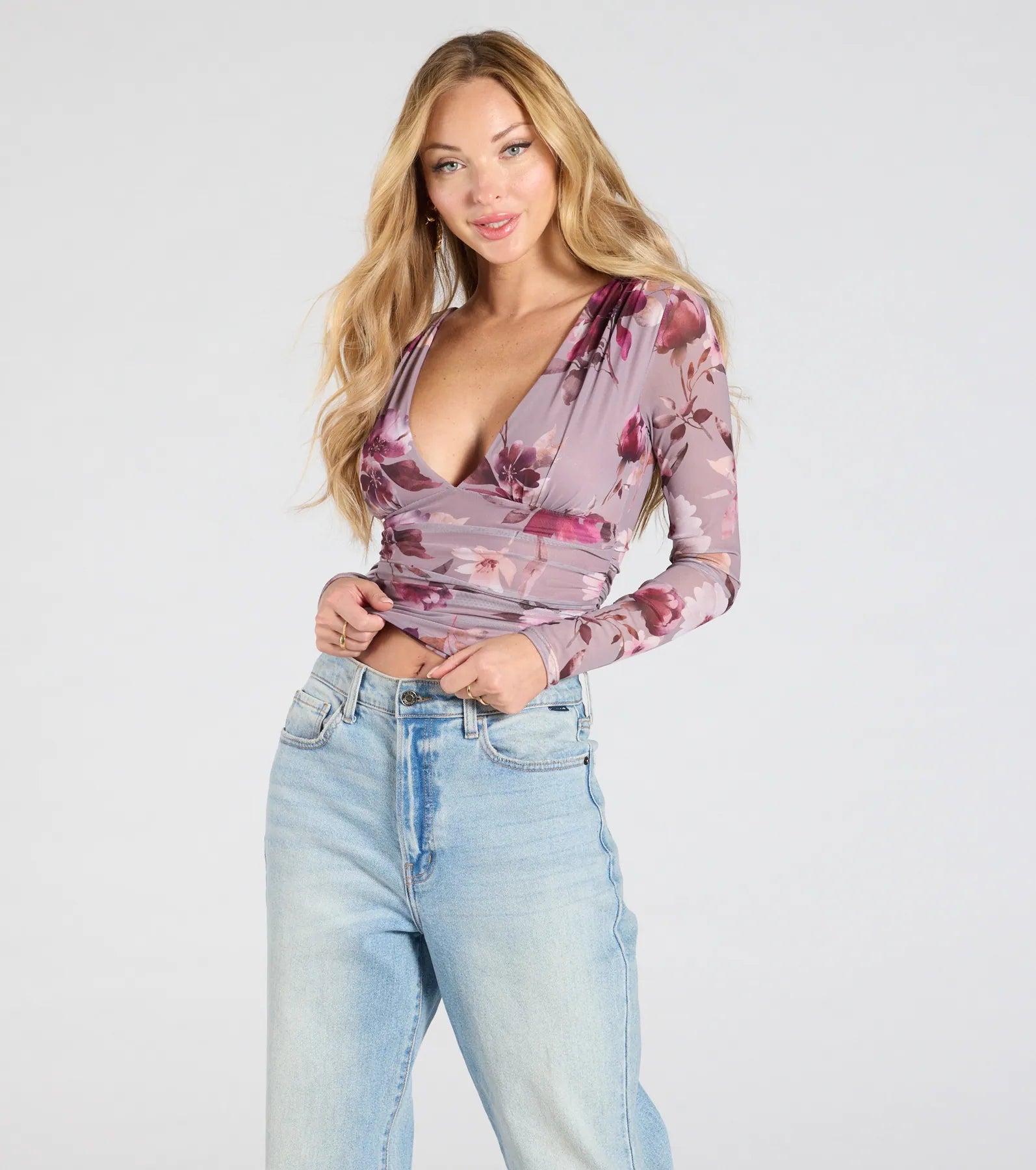 Sassy Style Print Mesh Long Sleeve Top