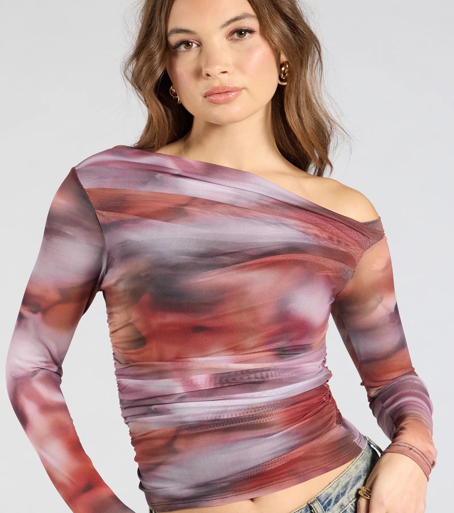 Wildly Chic Long Sleeve Abstract Print Crop Top