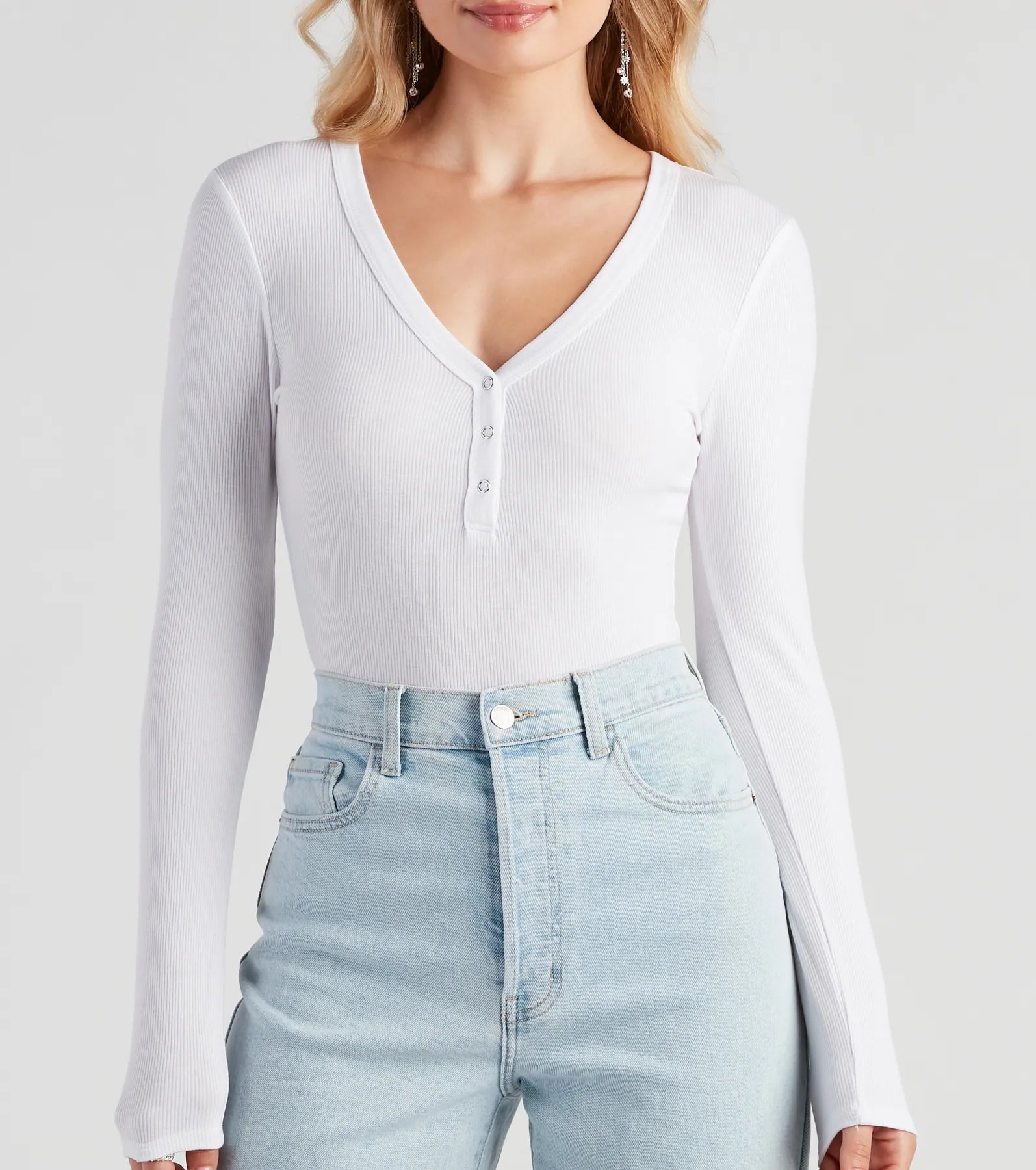 Casual Ribbed Knit Henley Bodysuit