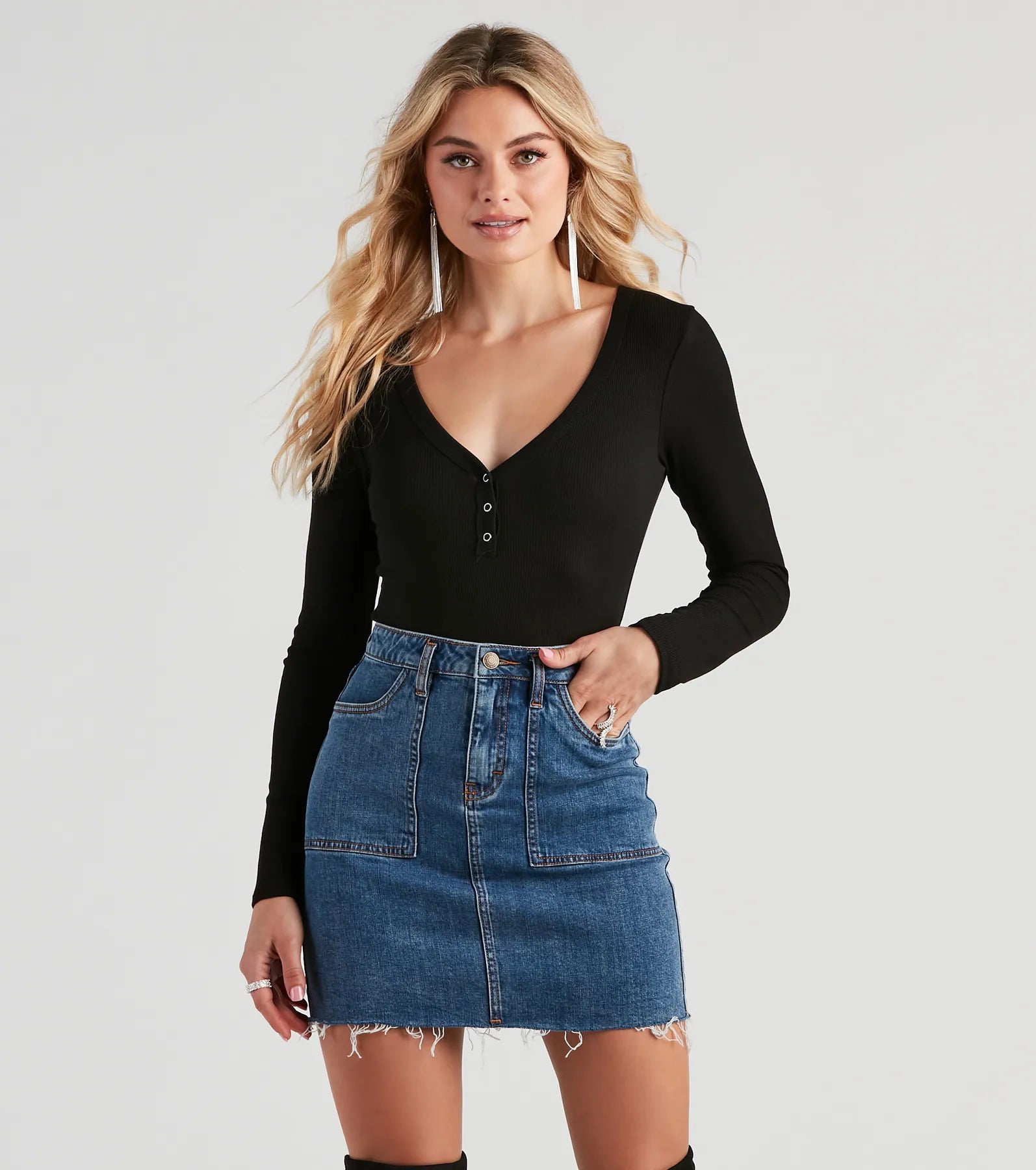 Casual Ribbed Knit Henley Bodysuit