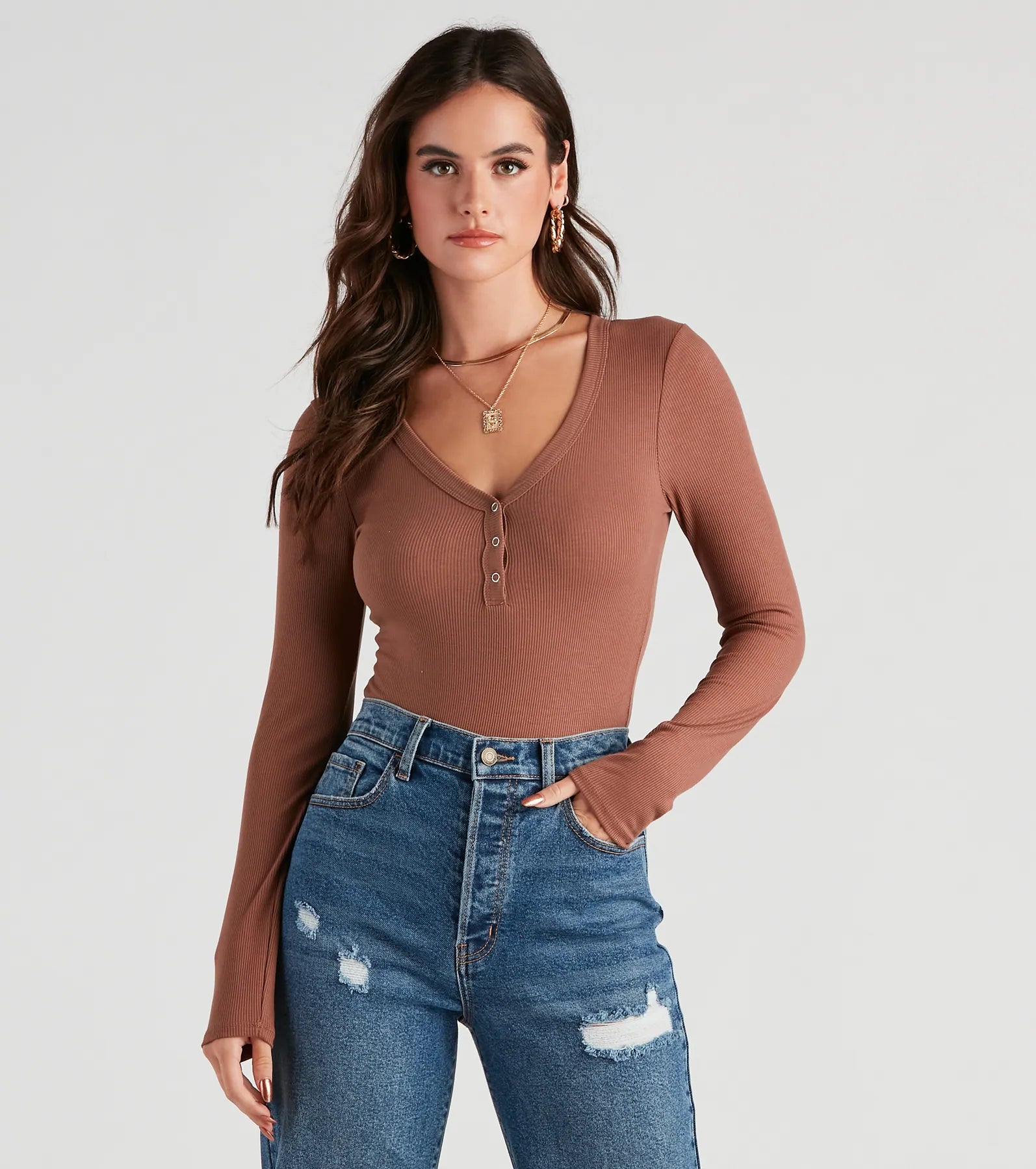Casual Ribbed Knit Henley Bodysuit
