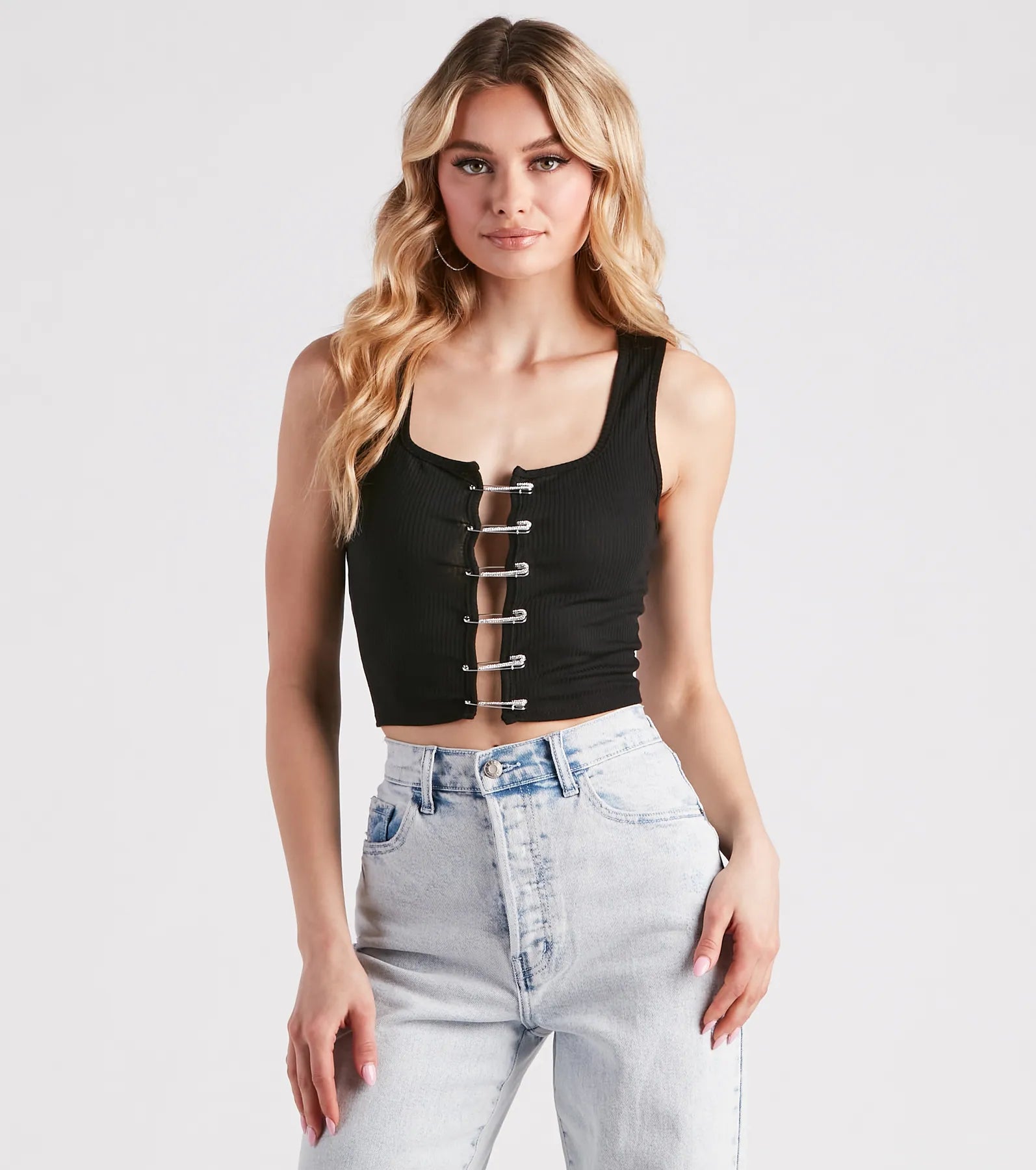 Make It Pop Rhinestone Safety Pin Tank Top