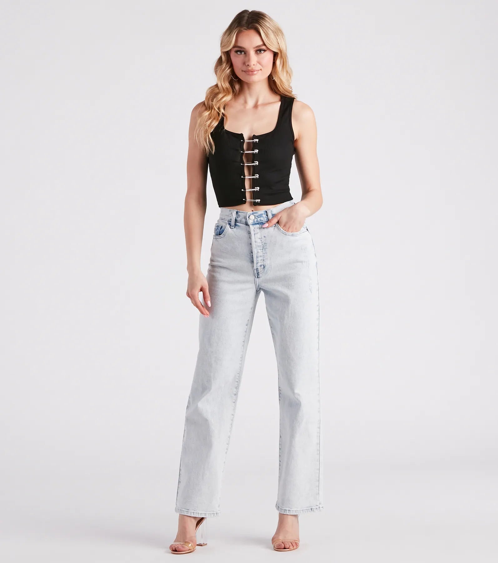 Make It Pop Rhinestone Safety Pin Tank Top