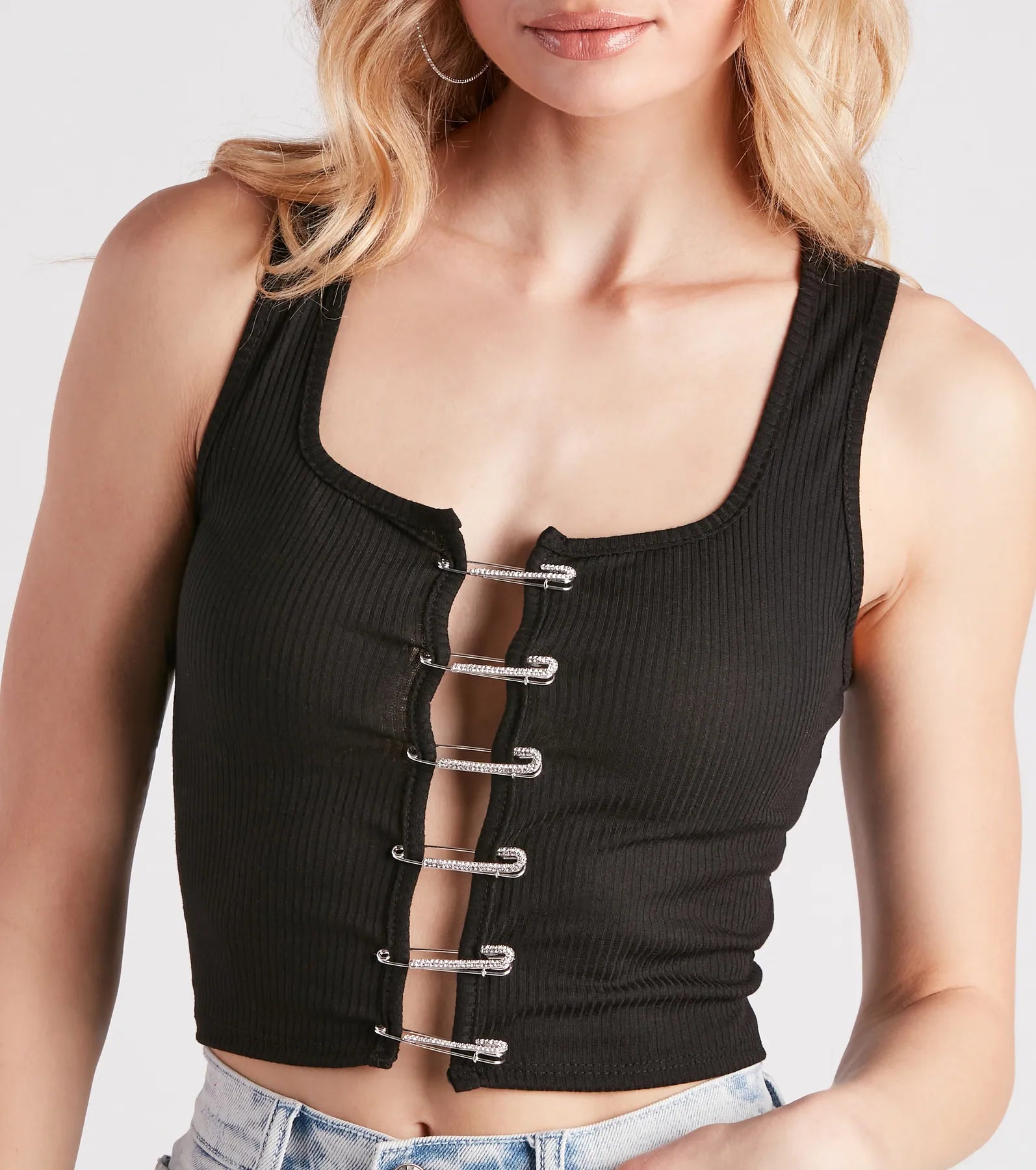 Make It Pop Rhinestone Safety Pin Tank Top