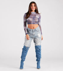 Stretch The Rules Mesh Denim Print Crop Top