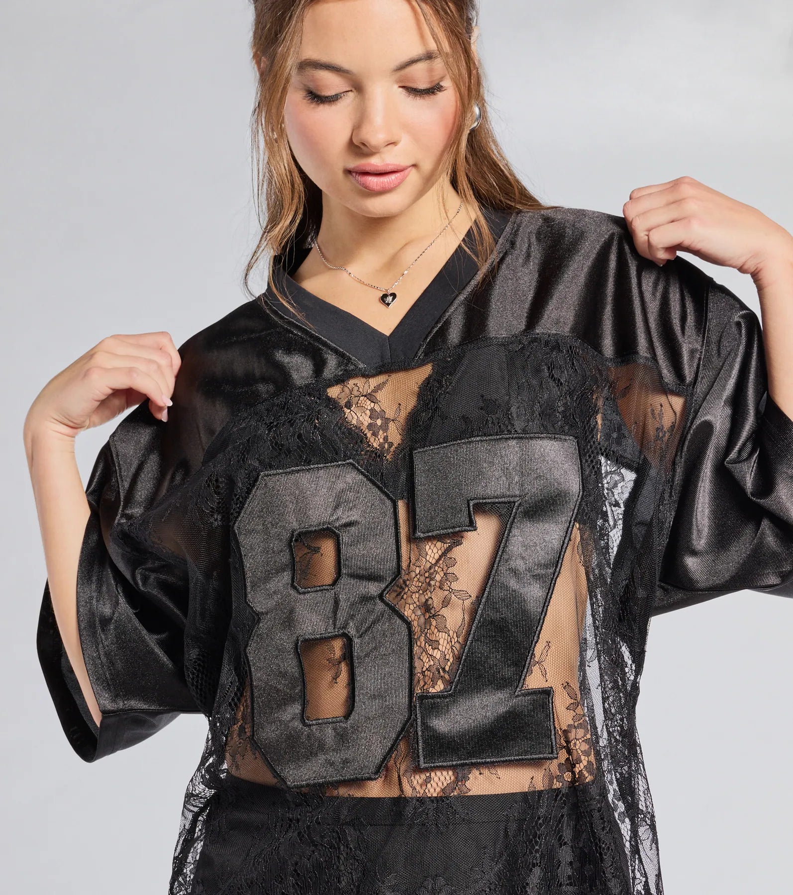 Sporty Chic Lace V-Neck 87 Graphic Jersey Top