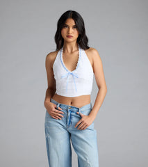 Undeniable Charm Gingham Ribbon Halter Crop Top
