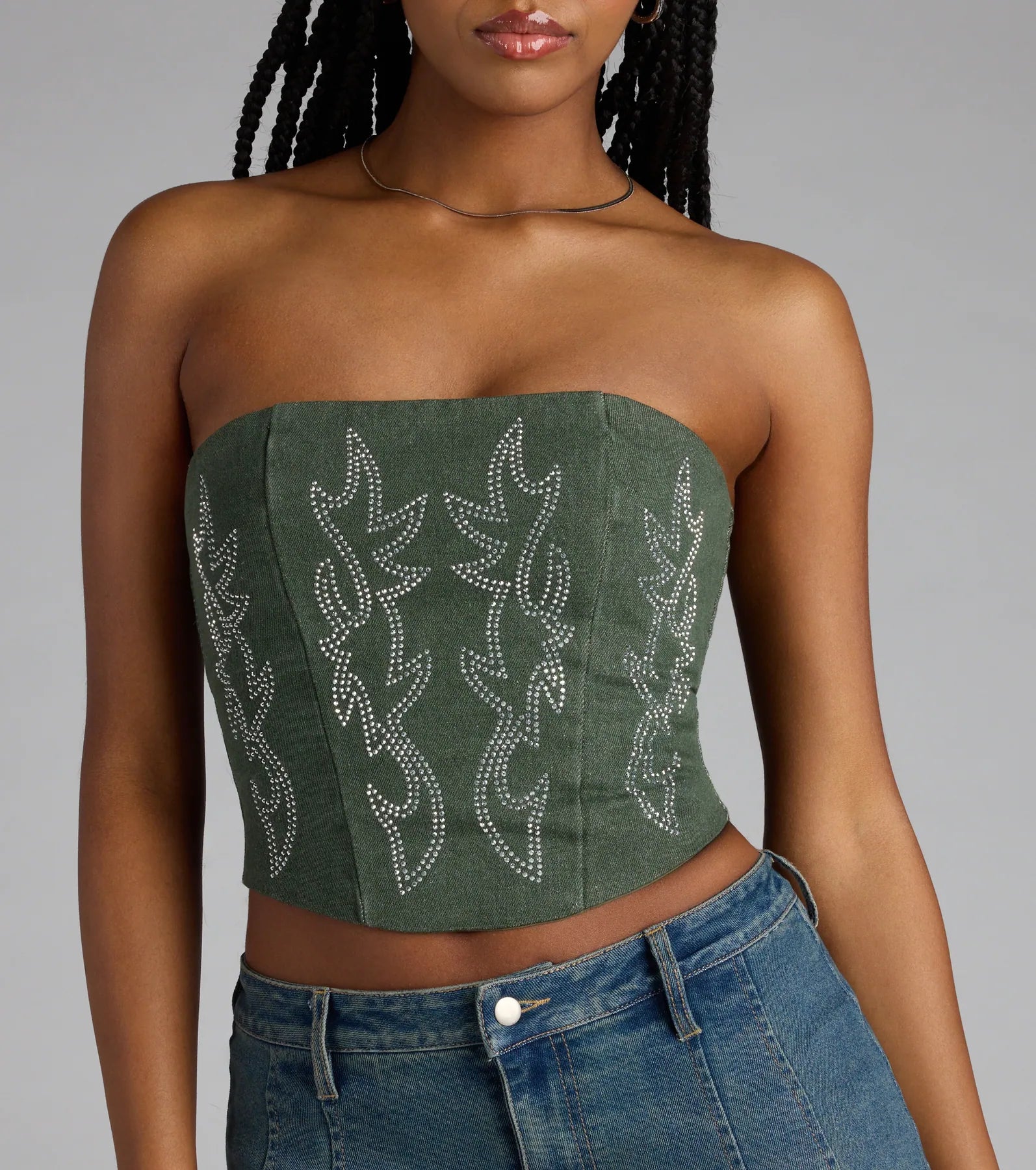 Glam Heat Rhinestone Flame Denim Corset Top