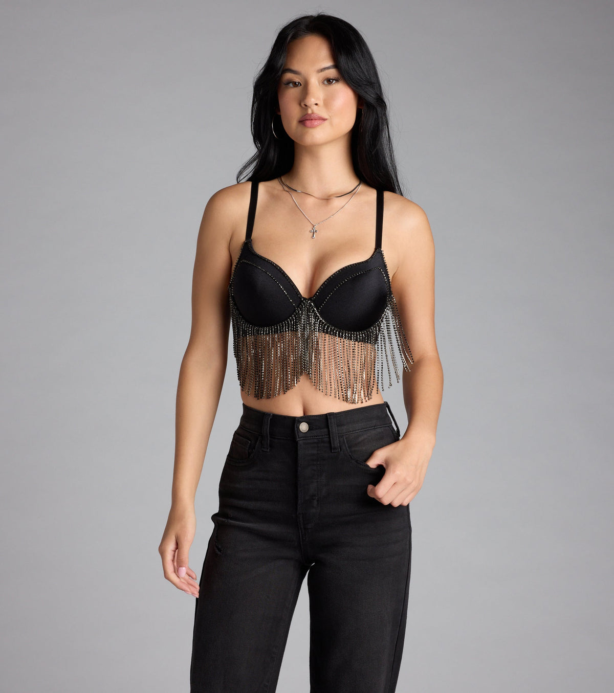 Watch Me Shine Rhinestone Fringe Bra Top