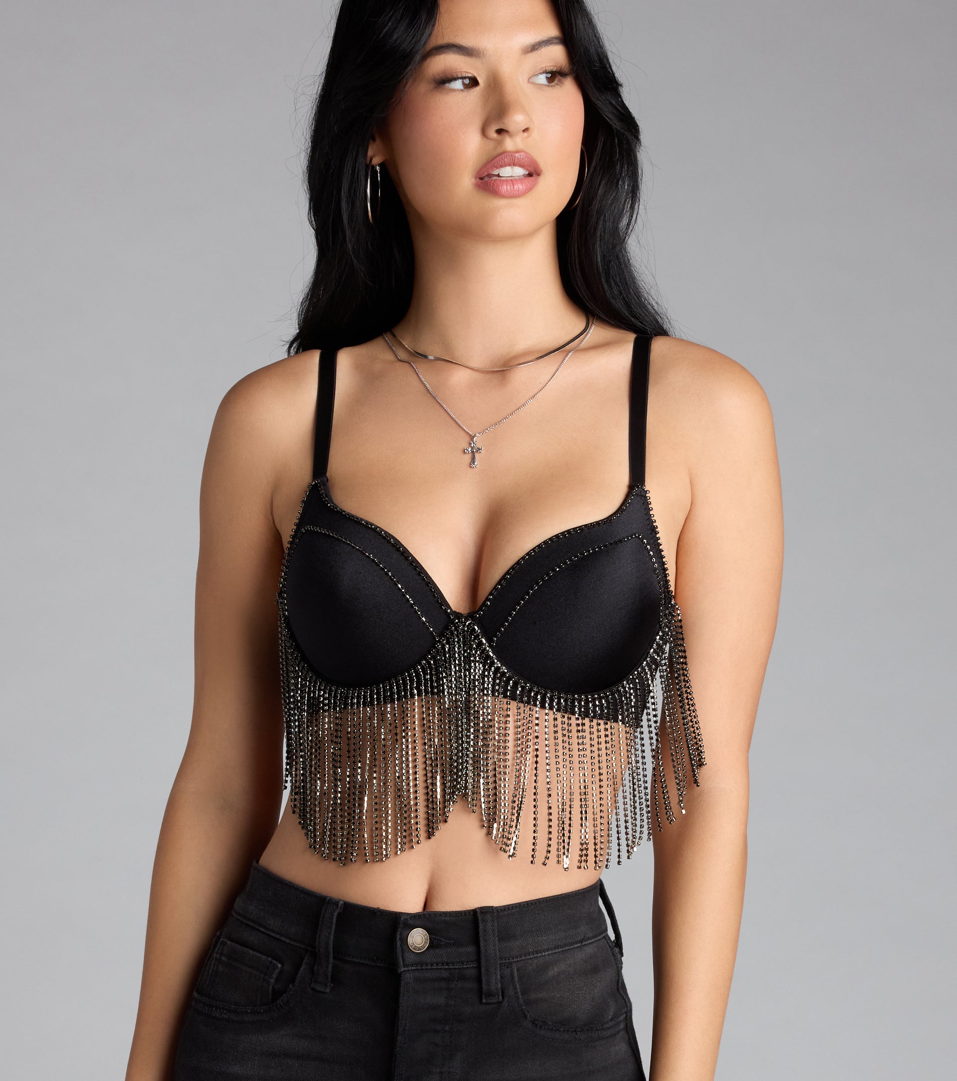 Watch Me Shine Rhinestone Fringe Bra Top