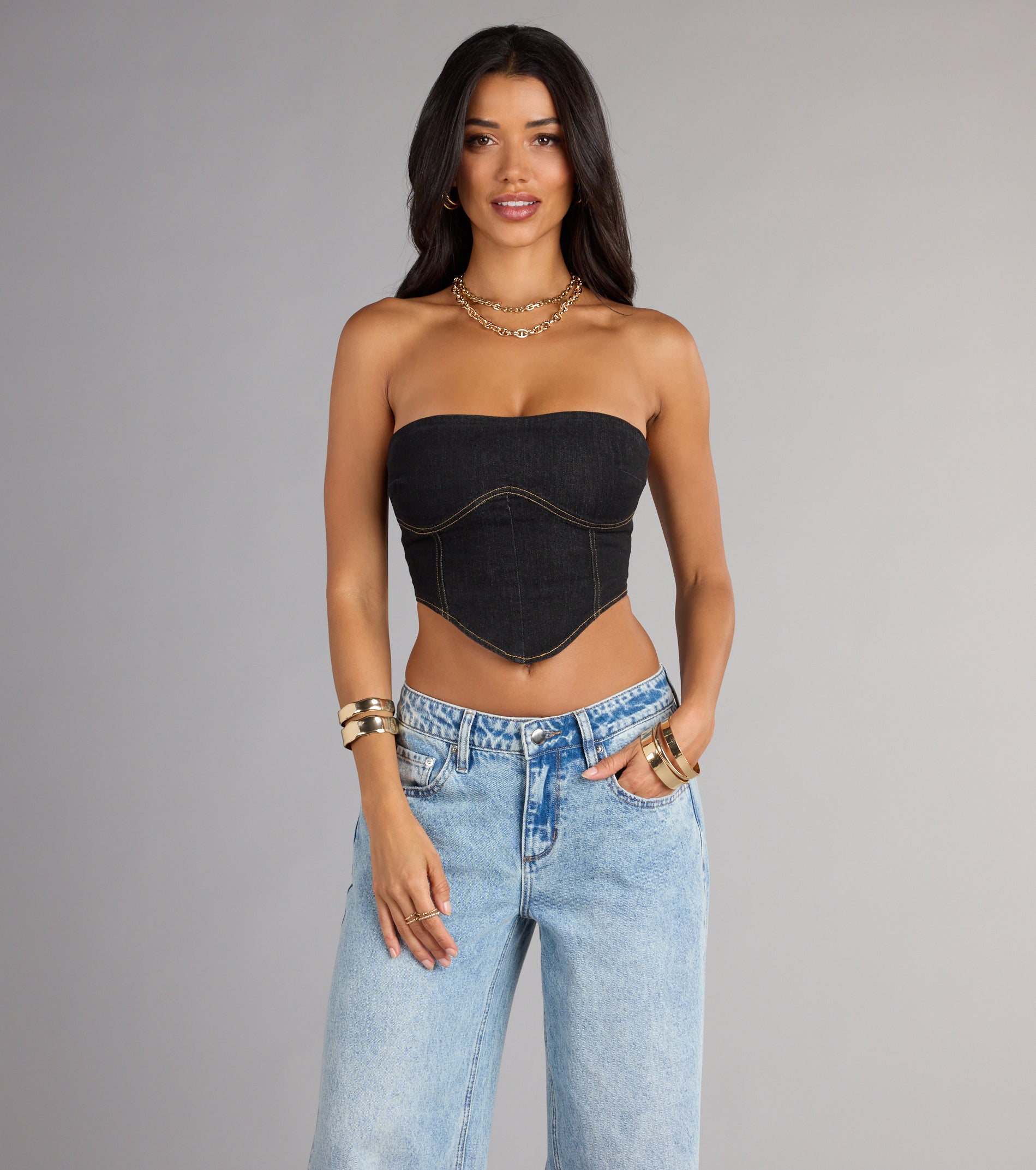 Trendy Girl Denim Strapless Corset Crop Top