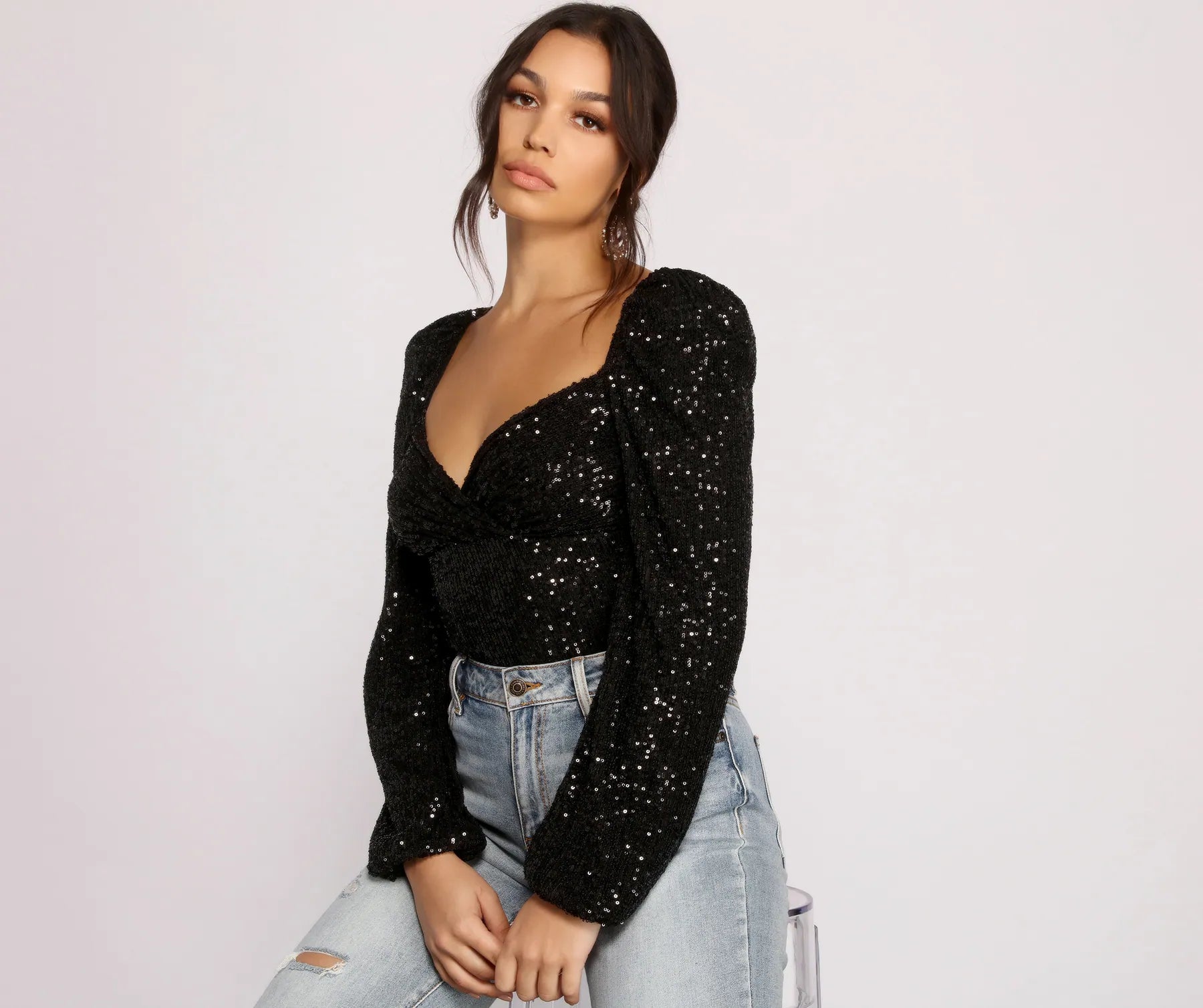 All that Glow Puff Sleeve Sequin Bodysuit