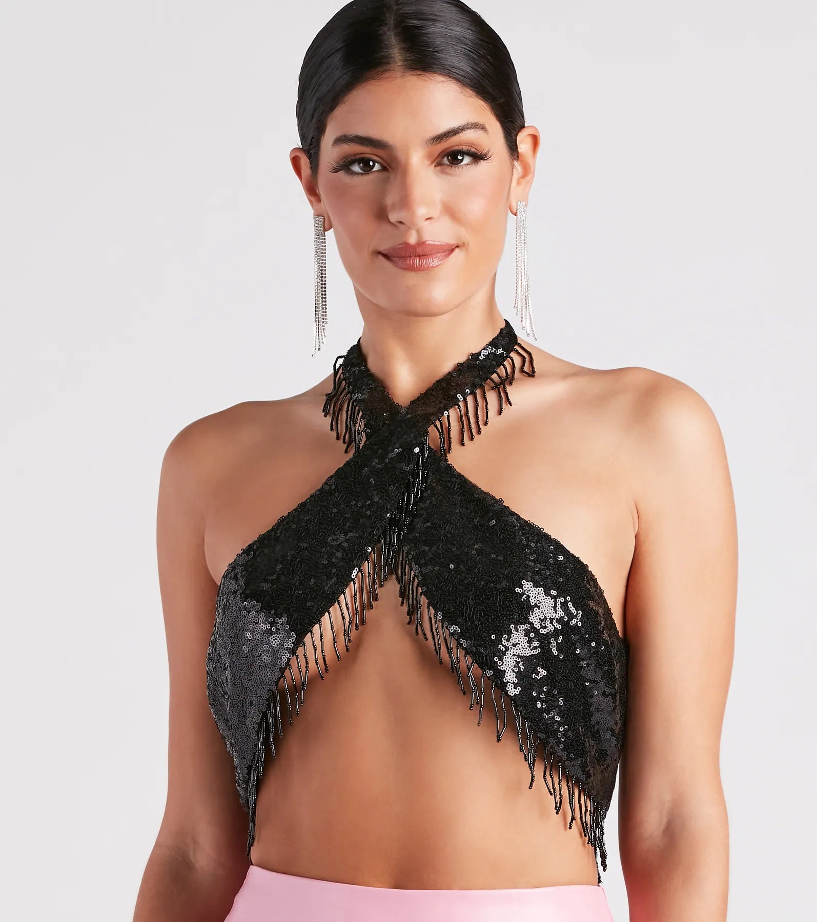 Disco Babe Sequin Fringe Halter Top