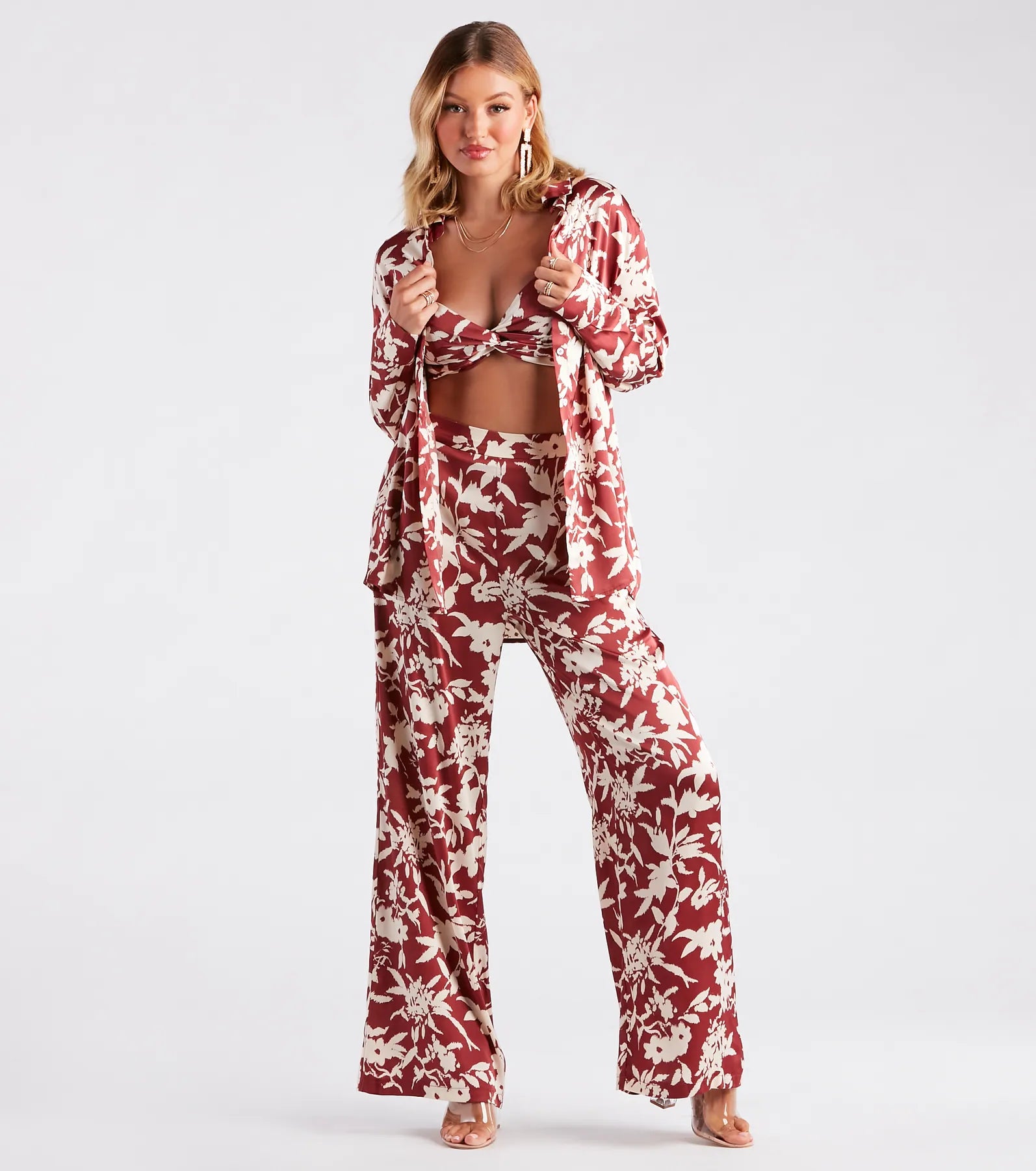 Major Muse Floral Satin Button-Down Top