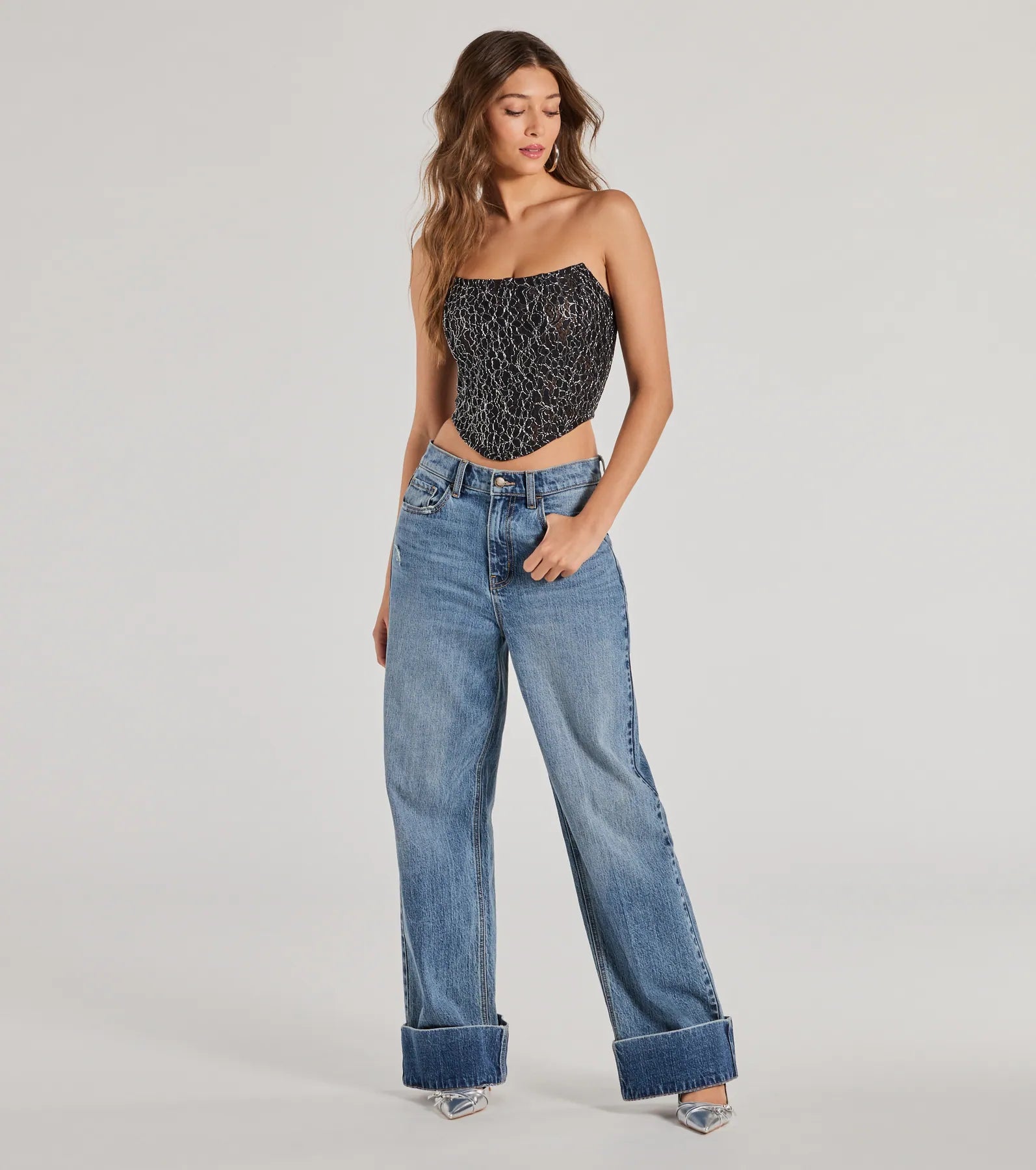 Sultry Shimmer Lurex Lace Strapless Corset Top