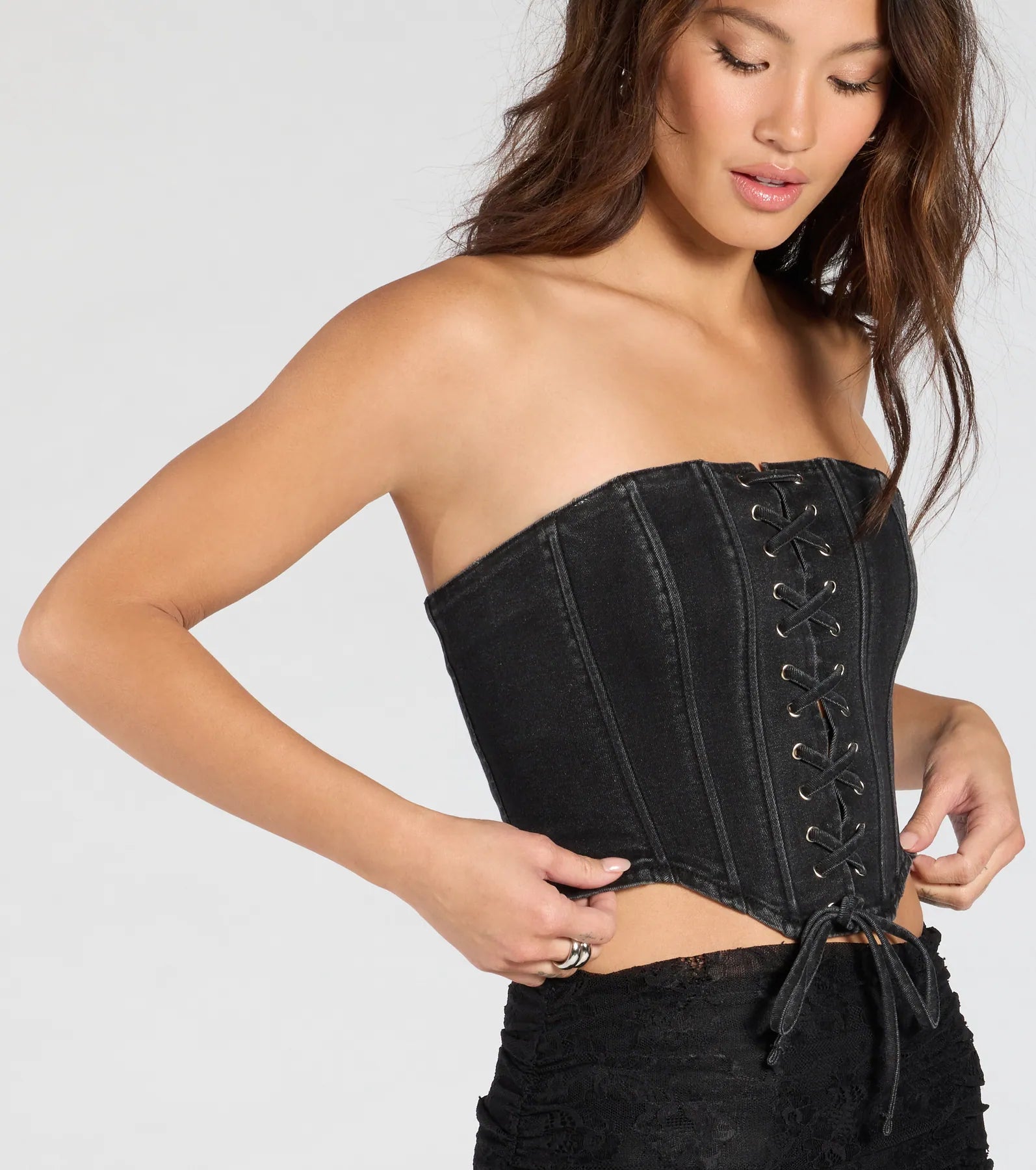 Trendy Style Lace-Up Denim Corset Top