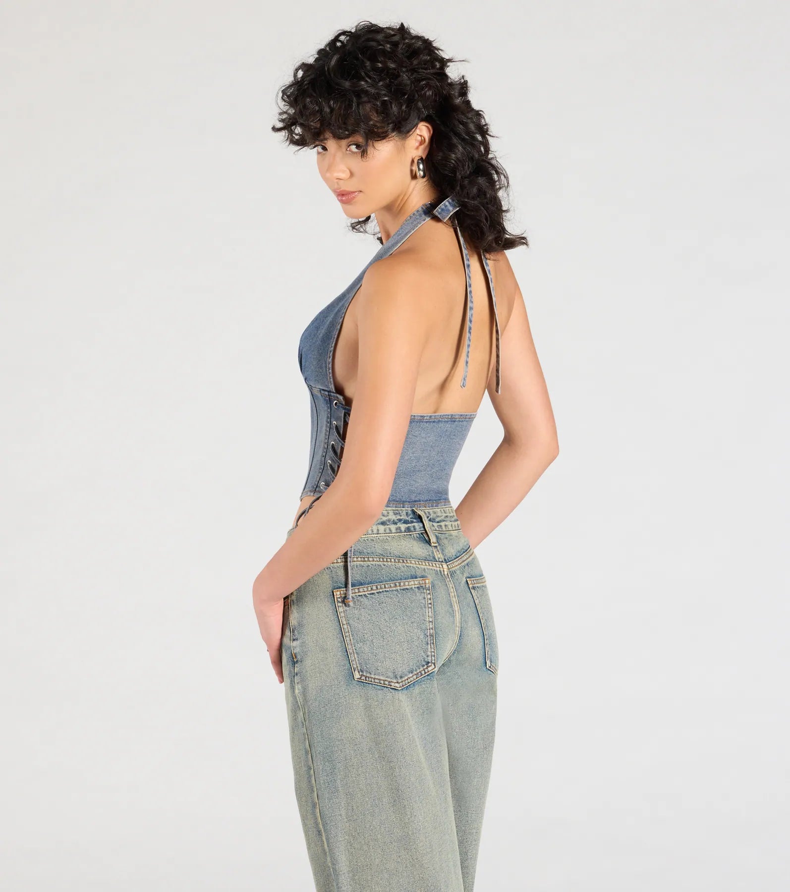 The New Classic Halter Lace-Up Denim Corset Top
