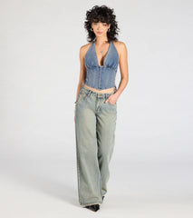 The New Classic Halter Lace-Up Denim Corset Top