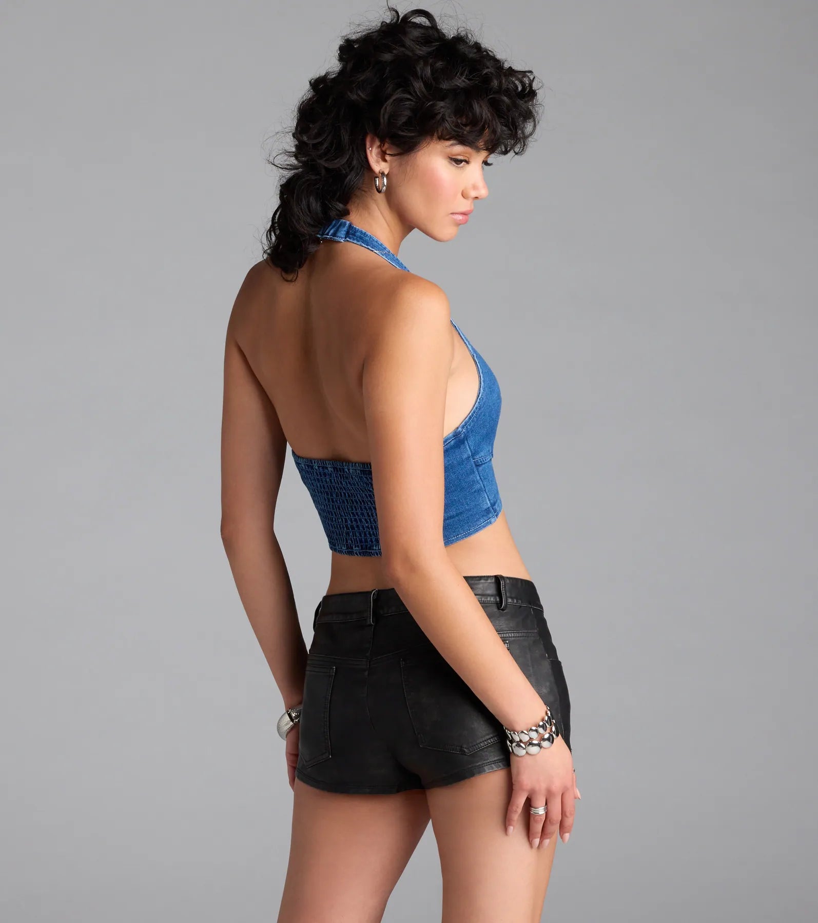 Buckled Babe Halter Denim Crop Top