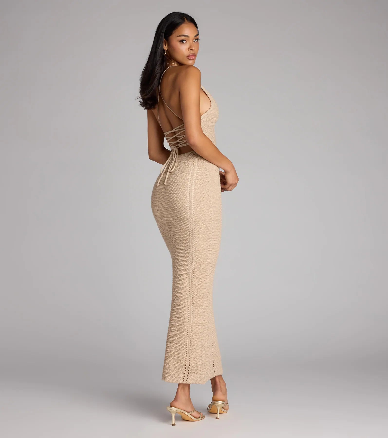 Beach Goddess Crochet Lace-Up Maxi Dress