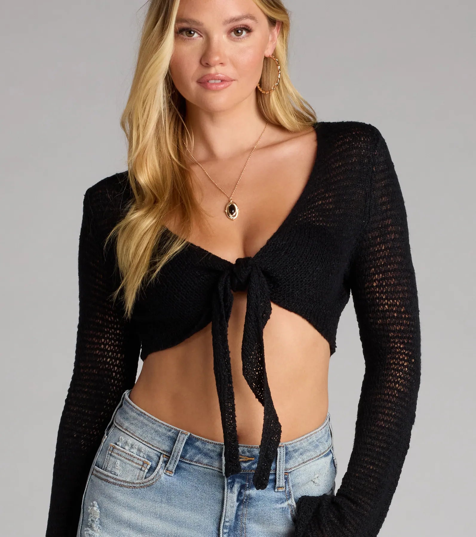 Under The Sun Long Sleeve Tie-Front Crop Top