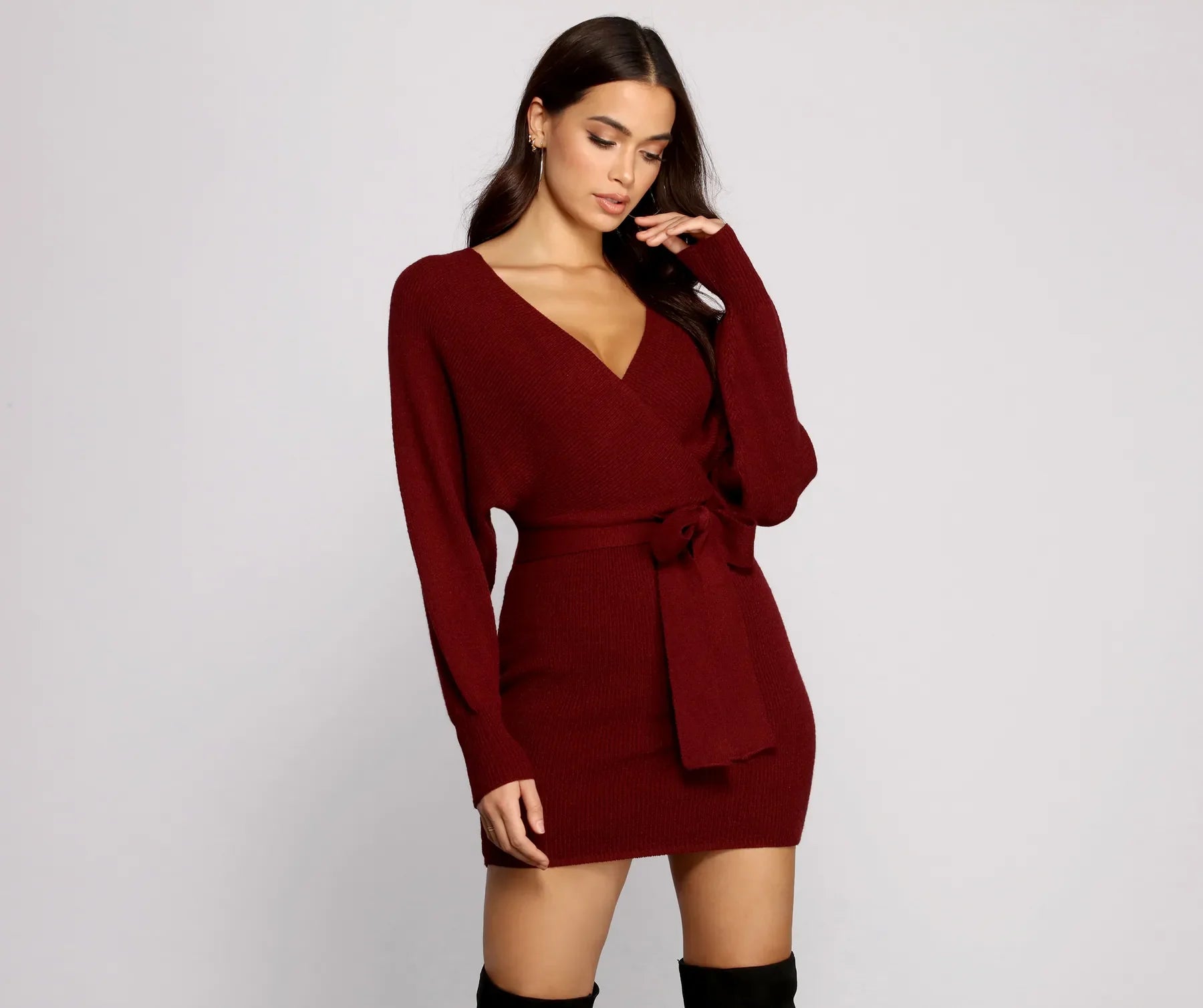 Tie Front Wrap Mini Sweater Dress