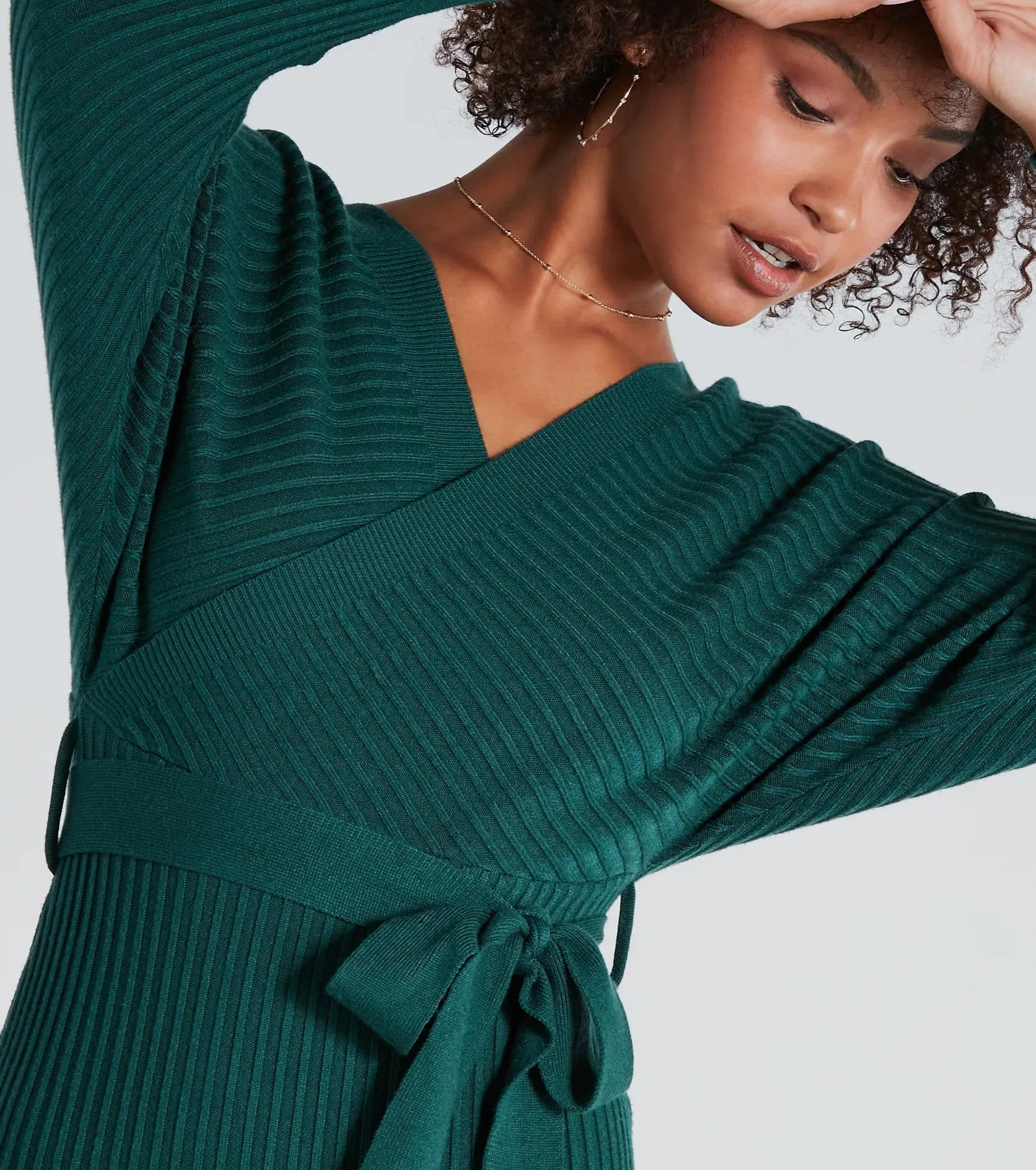 Ribbed Knit Tie-Front Mini Sweater Dress