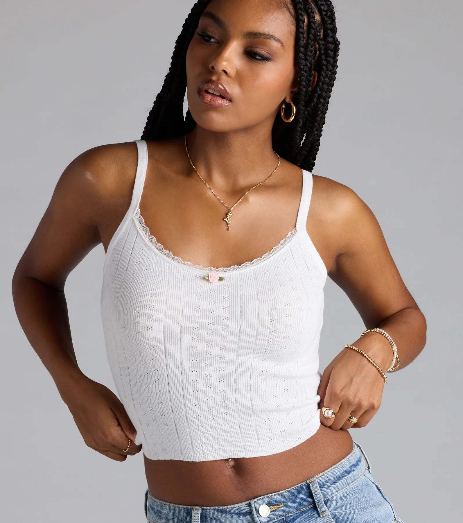 Cutesy Casual Rosette Lace Knit Cami Top