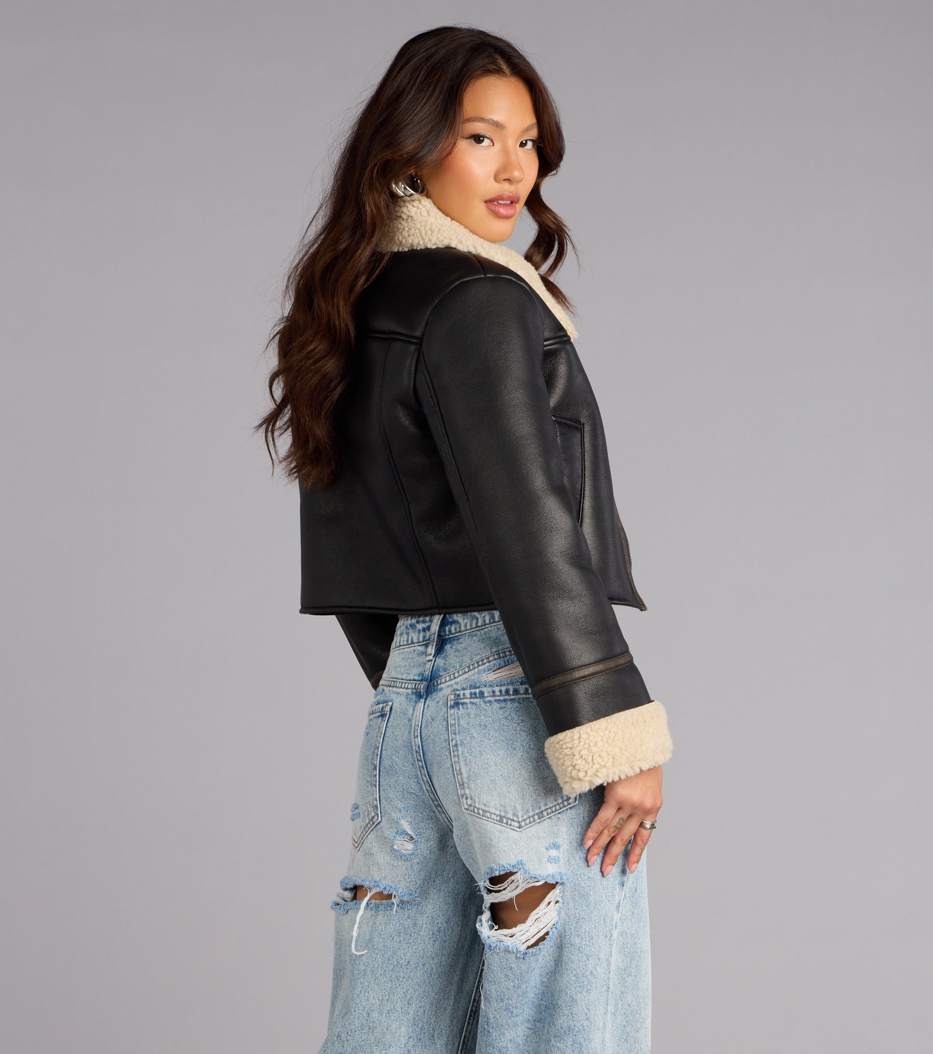 Downtown Girl Faux Leather Sherpa Crop Jacket