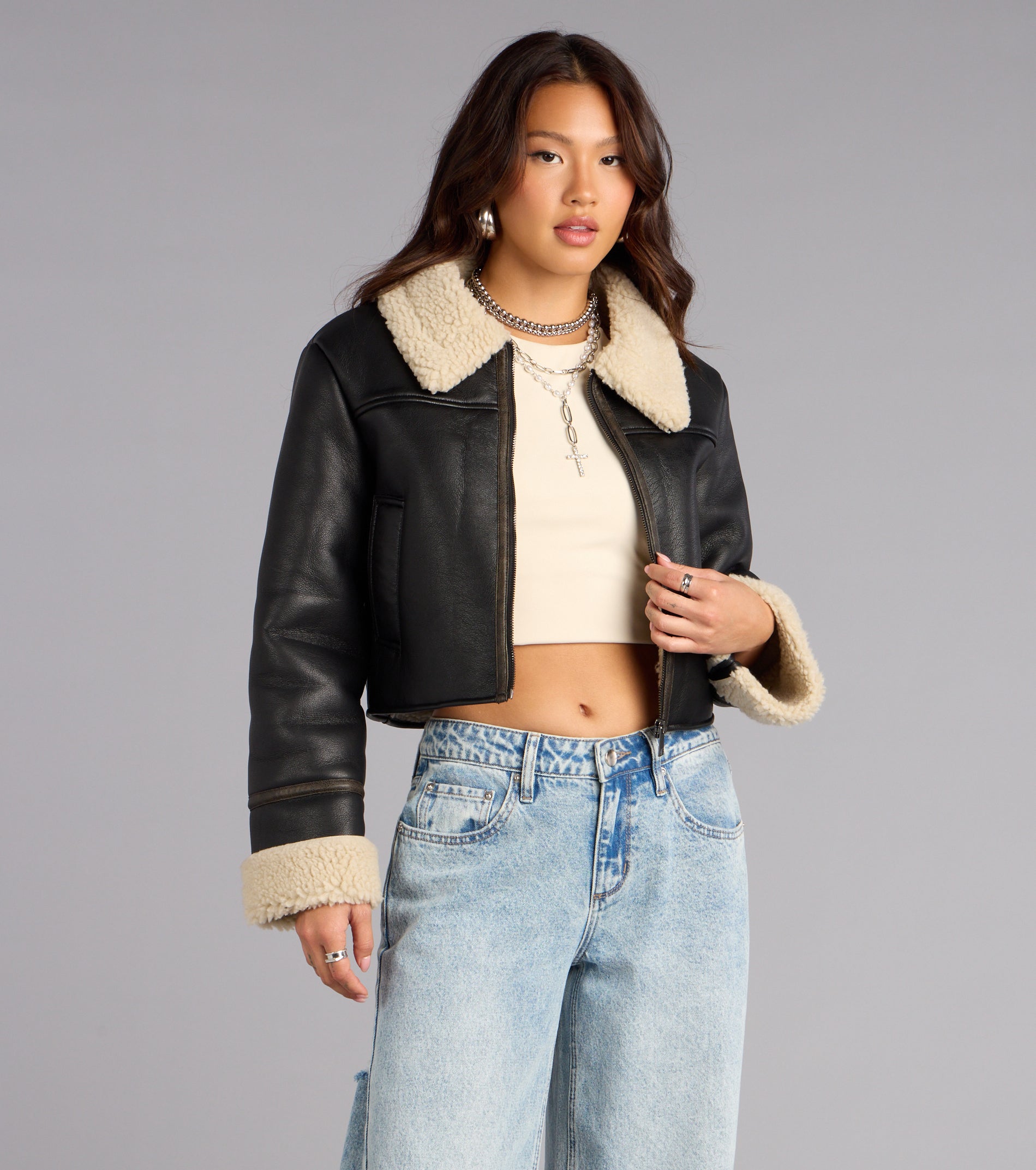 Downtown Girl Faux Leather Sherpa Crop Jacket