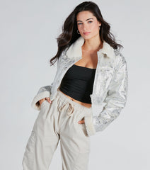 Pop Diva Status Metallic Faux Fur Crop Jacket