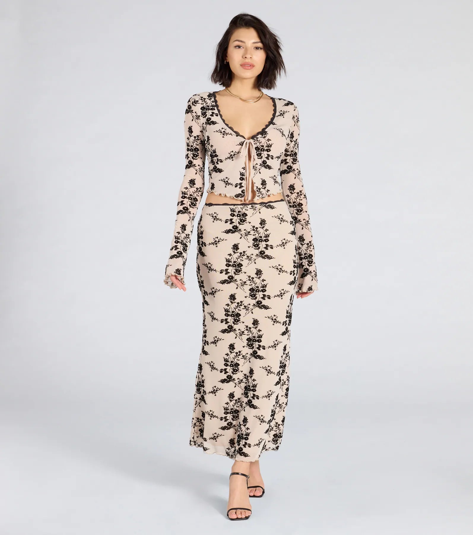 Flirt Alert Flocked Floral Mesh Tie-Front Top