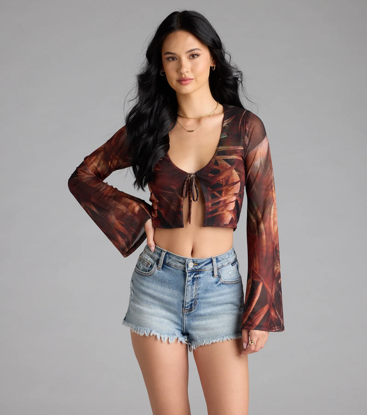 Getaway Vibe Tropical Print Tie-Front Top