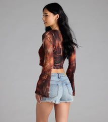 Getaway Vibe Tropical Print Tie-Front Top