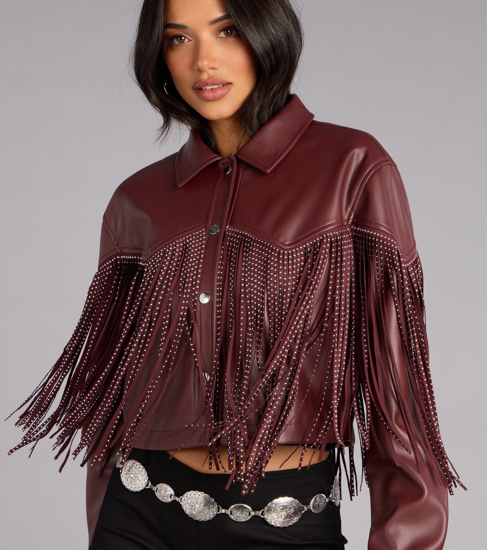Cause A Scene Stud Fringe Faux Leather Shacket