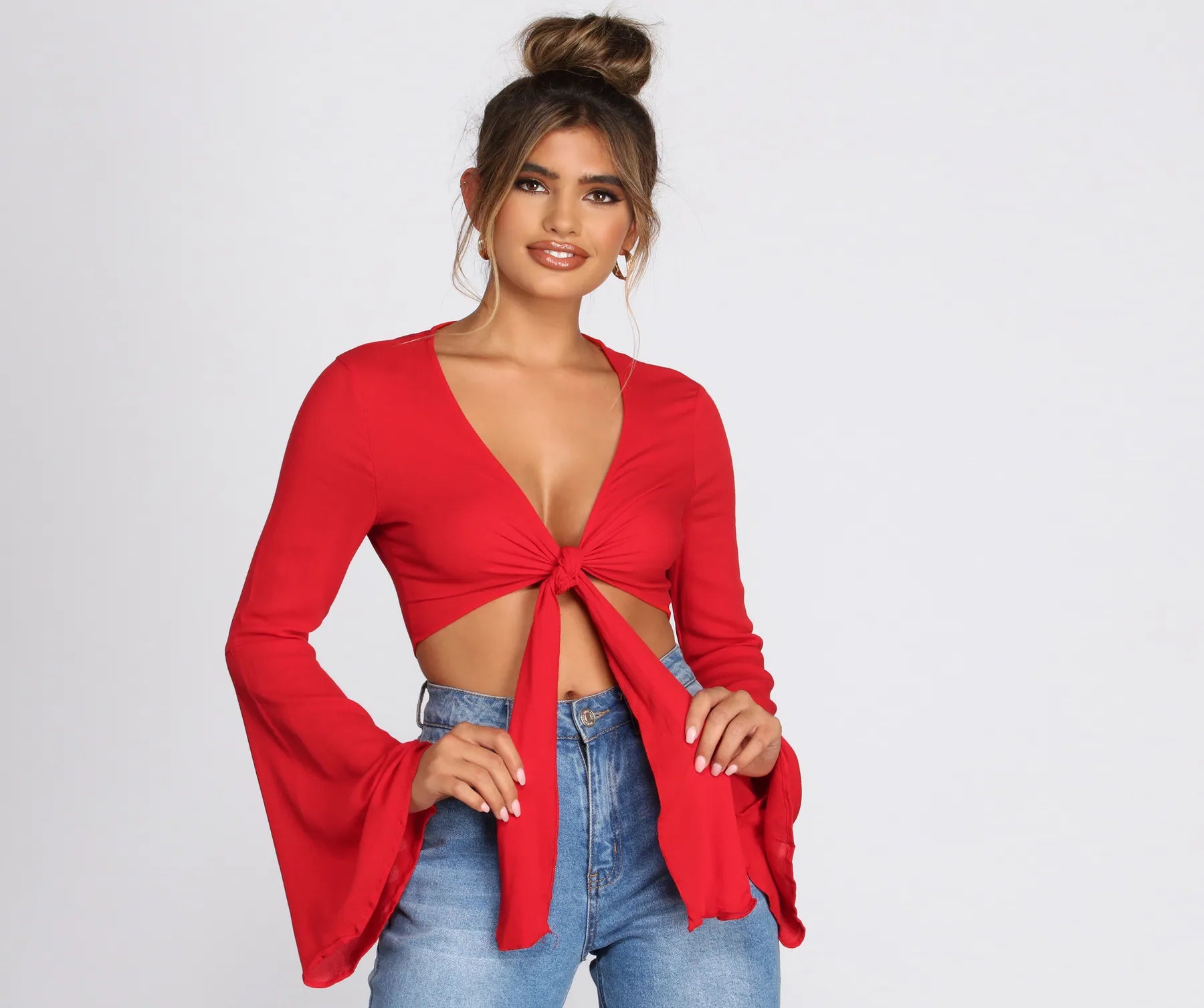 Woven Bell Sleeve Tie Front Top