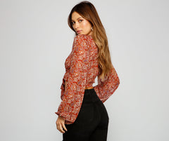 Retro Babe Chiffon Paisley Print Tie-Front Blouse
