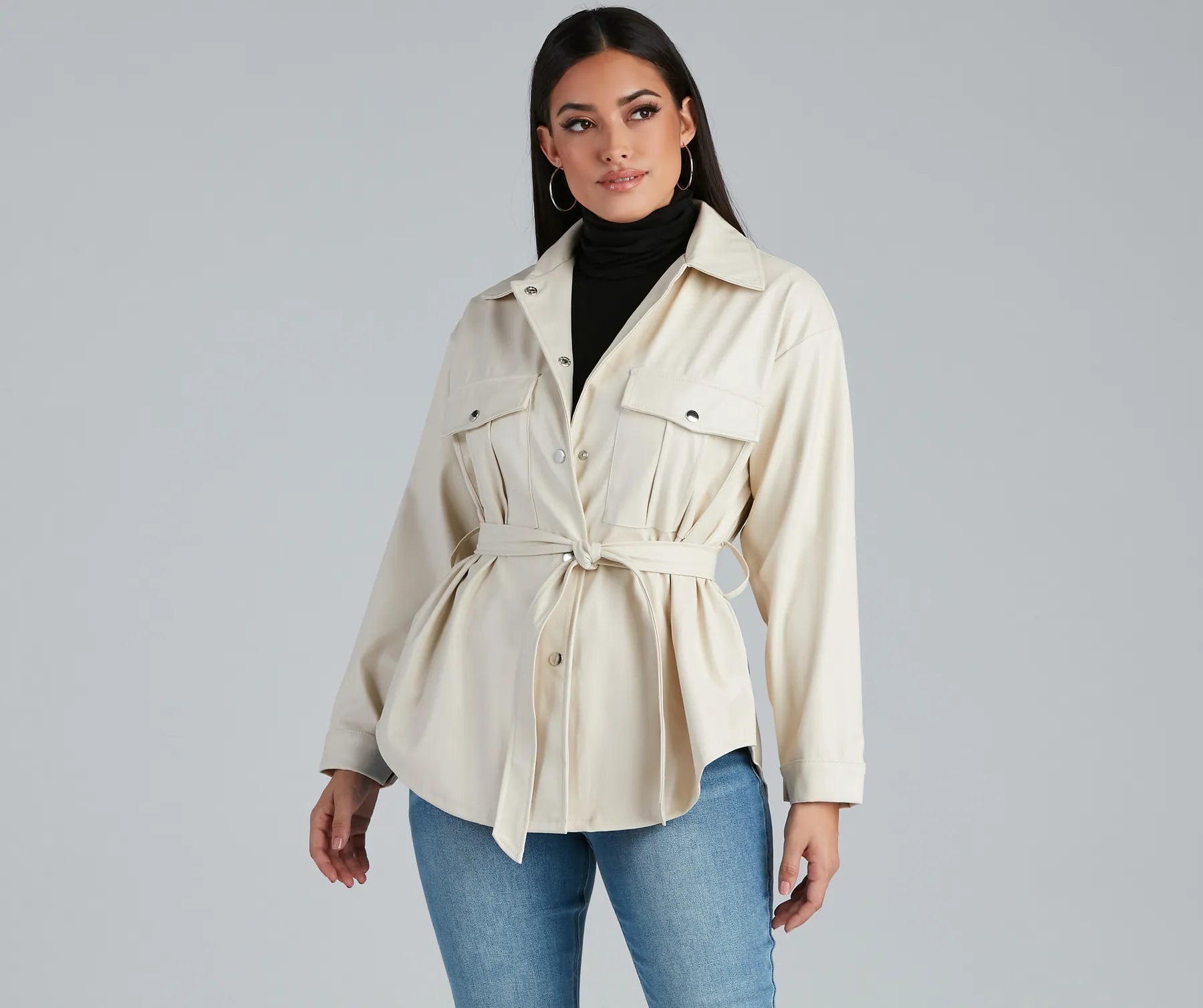 Sleek Trends Faux Leather Tie-Waist Shacket