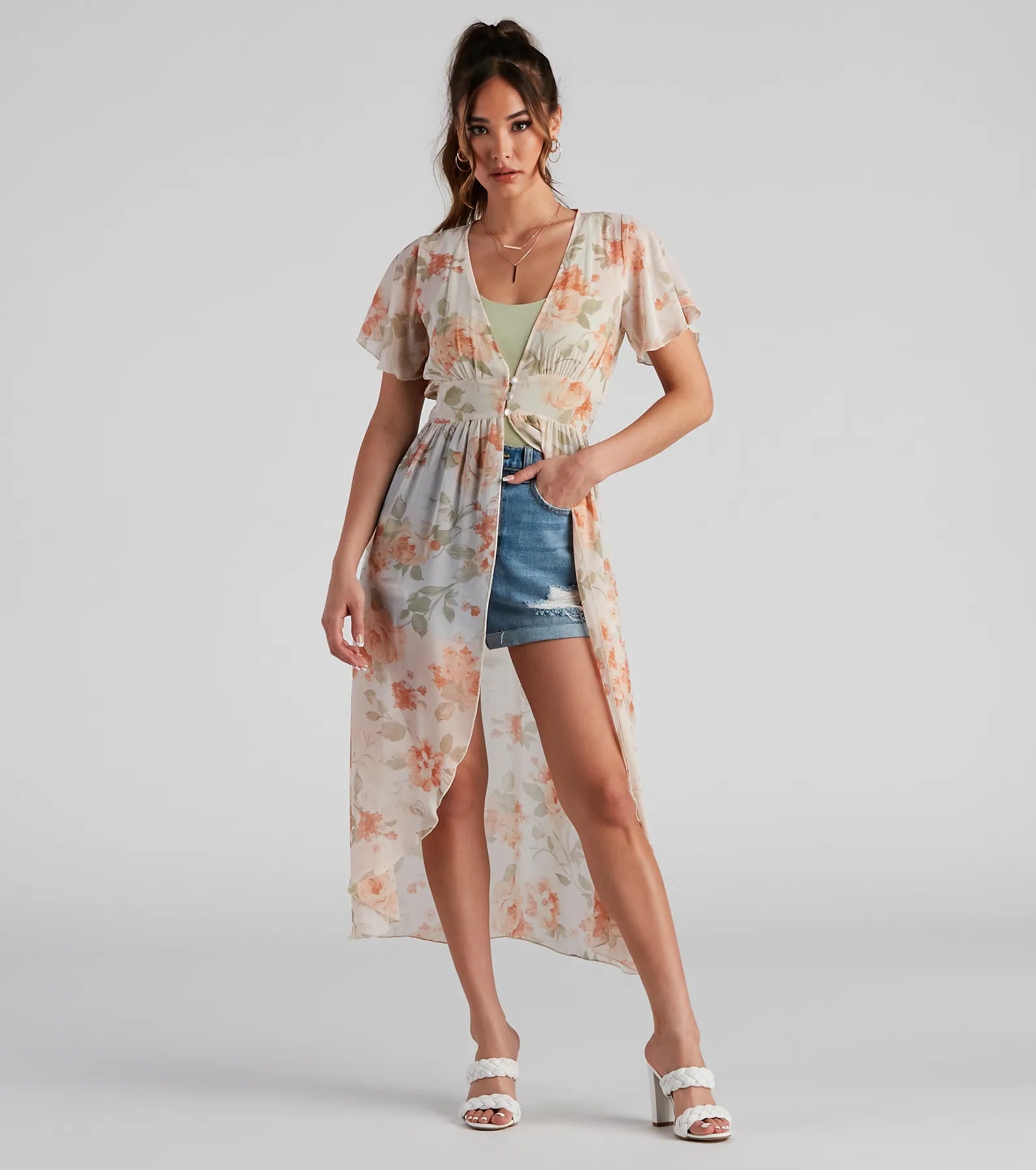 Breezy Flutter Sleeve Floral Duster