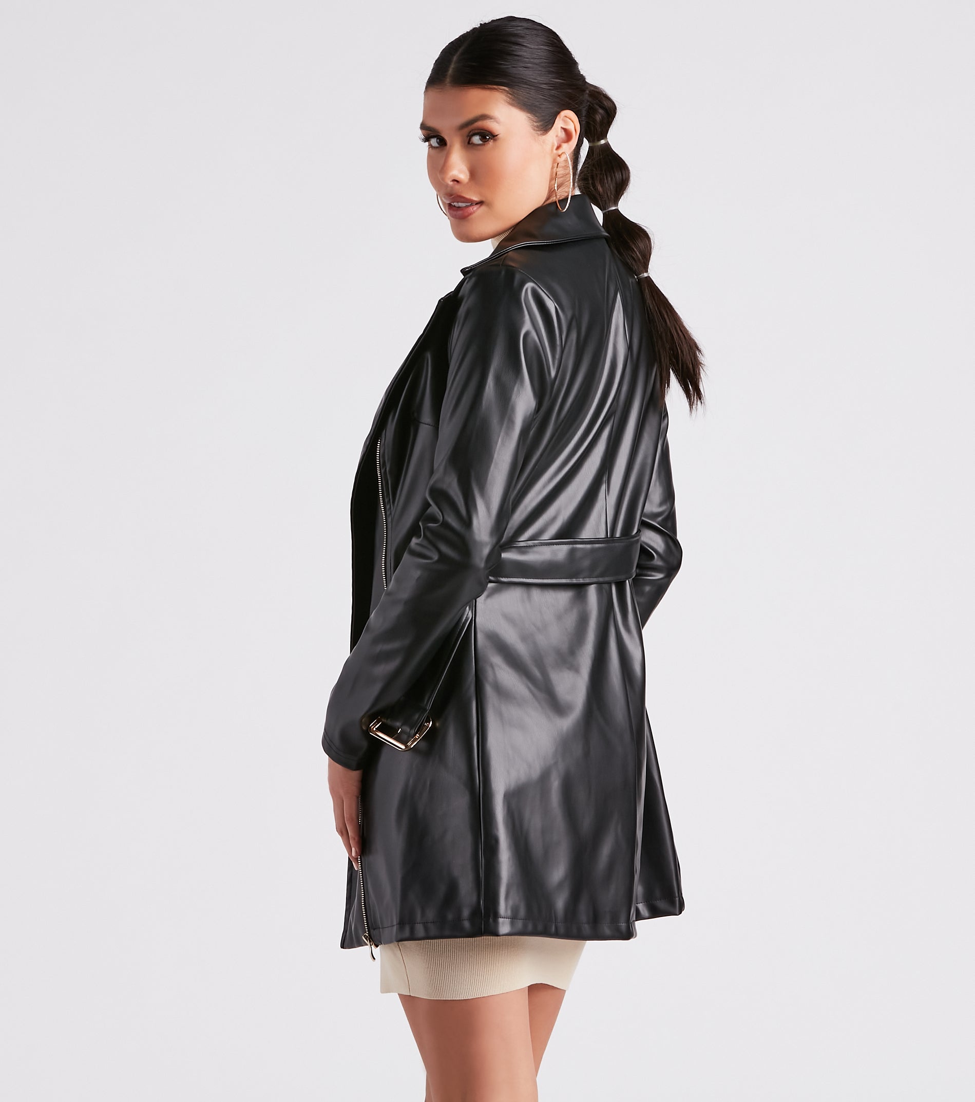 Cinched And Chic Faux Leather Trench Coat